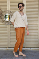 Odana's | Sustainable Gifts | POSEIDON Eco-Friendly Linen & Cotton Blend Drawstring Pants (Windsor Tan, Green Almond) | POSEIDON Eco-Friendly Linen & Cotton Blend Drawstring Pants | Sustainable Fashion