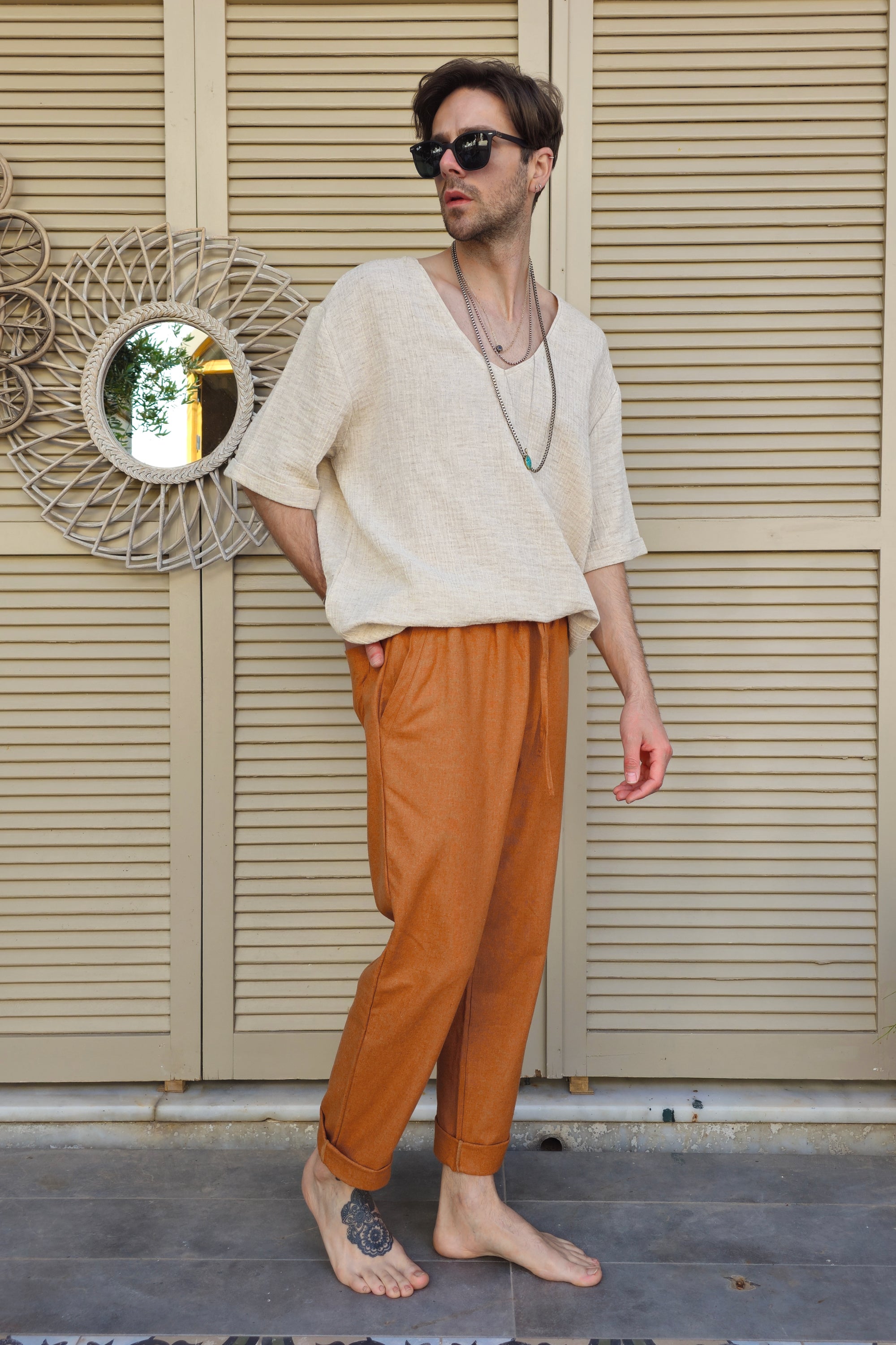 Odana's | Sustainable Gifts | POSEIDON Eco-Friendly Linen & Cotton Blend Drawstring Pants (Windsor Tan, Green Almond) | POSEIDON Eco-Friendly Linen & Cotton Blend Drawstring Pants | Sustainable Fashion