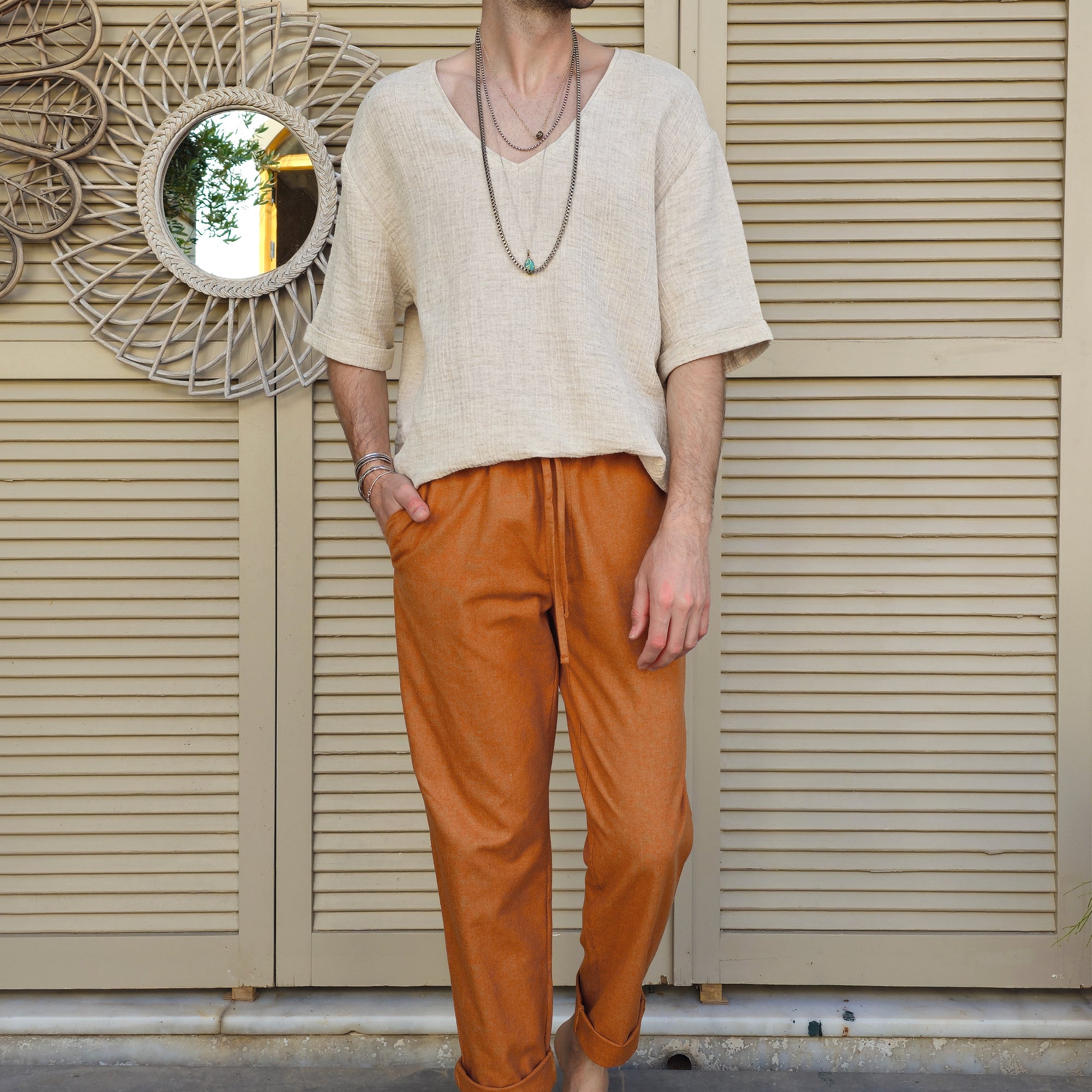 Odana's | Sustainable Gifts | POSEIDON Eco-Friendly Linen & Cotton Blend Drawstring Pants (Windsor Tan, Green Almond) Windsor Tan | POSEIDON Eco-Friendly Linen & Cotton Blend Drawstring Pants | Sustainable Fashion