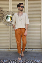 Odana's | Sustainable Gifts | POSEIDON Eco-Friendly Linen & Cotton Blend Drawstring Pants (Windsor Tan, Green Almond) Windsor Tan | POSEIDON Eco-Friendly Linen & Cotton Blend Drawstring Pants | Sustainable Fashion
