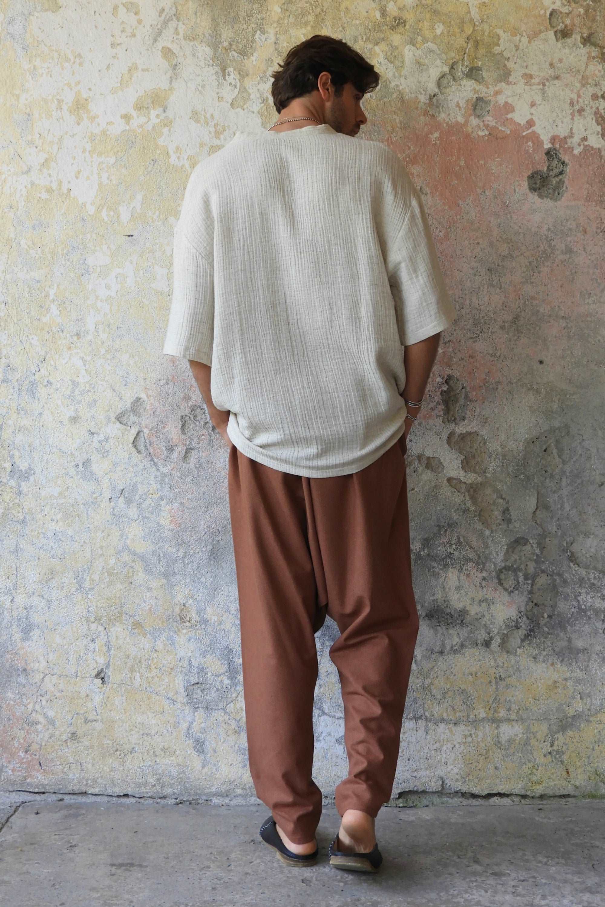 Odana's | Sustainable Gifts | MOON Men's Linen Blend Harem Pants (Dark Gray, Brown) | Linen Harem Pants | Sustainable Fashion