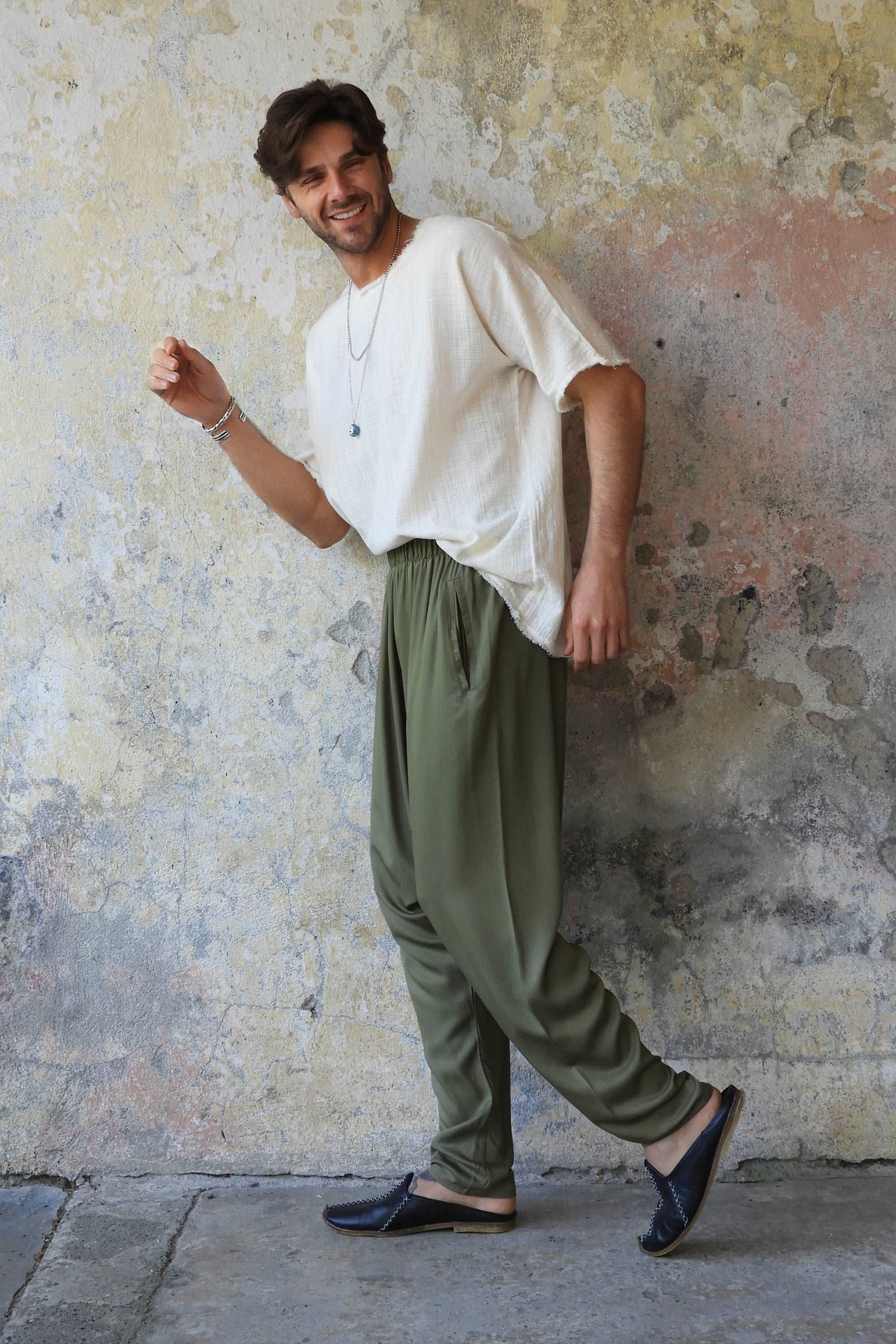 Sustainable  | BASIC Men's Harem Pants (Dark Cream, Army Green) by Odana's