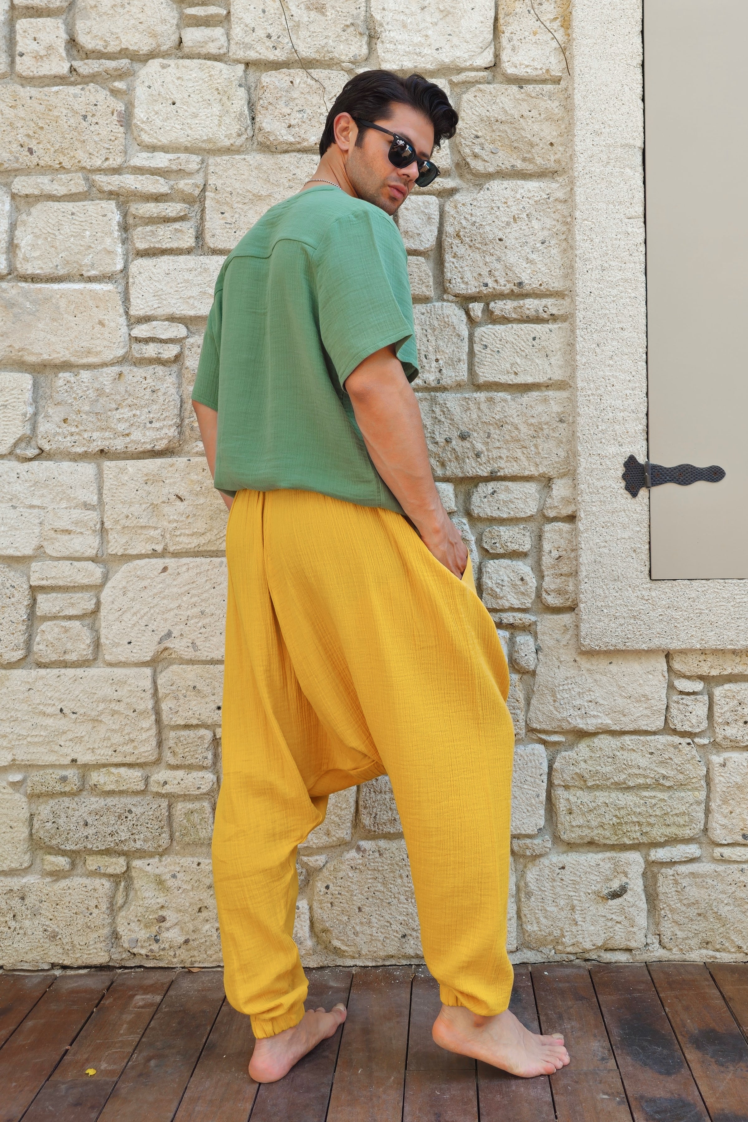 Odana's | Sustainable Gifts | TRIBAL Gender Neutral Organic Gauze Cotton Harem Pants (Mustard, Green) | Harem Pants | Sustainable Fashion
