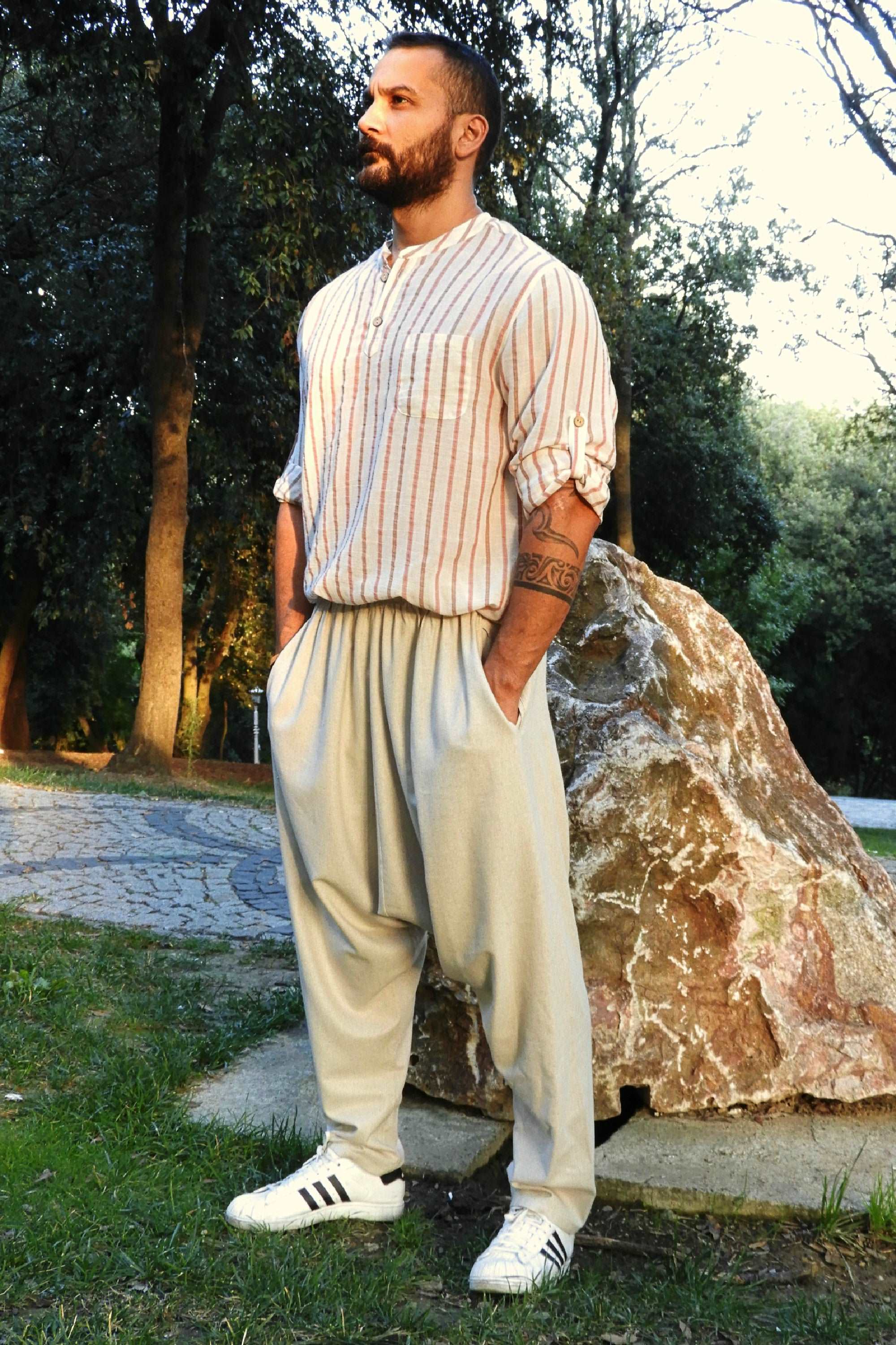 Odana's | Sustainable Gifts | MOON Men's Linen Blend Harem Pants (Beige, Indigo Blue) | Linen Harem Pants | Sustainable Fashion