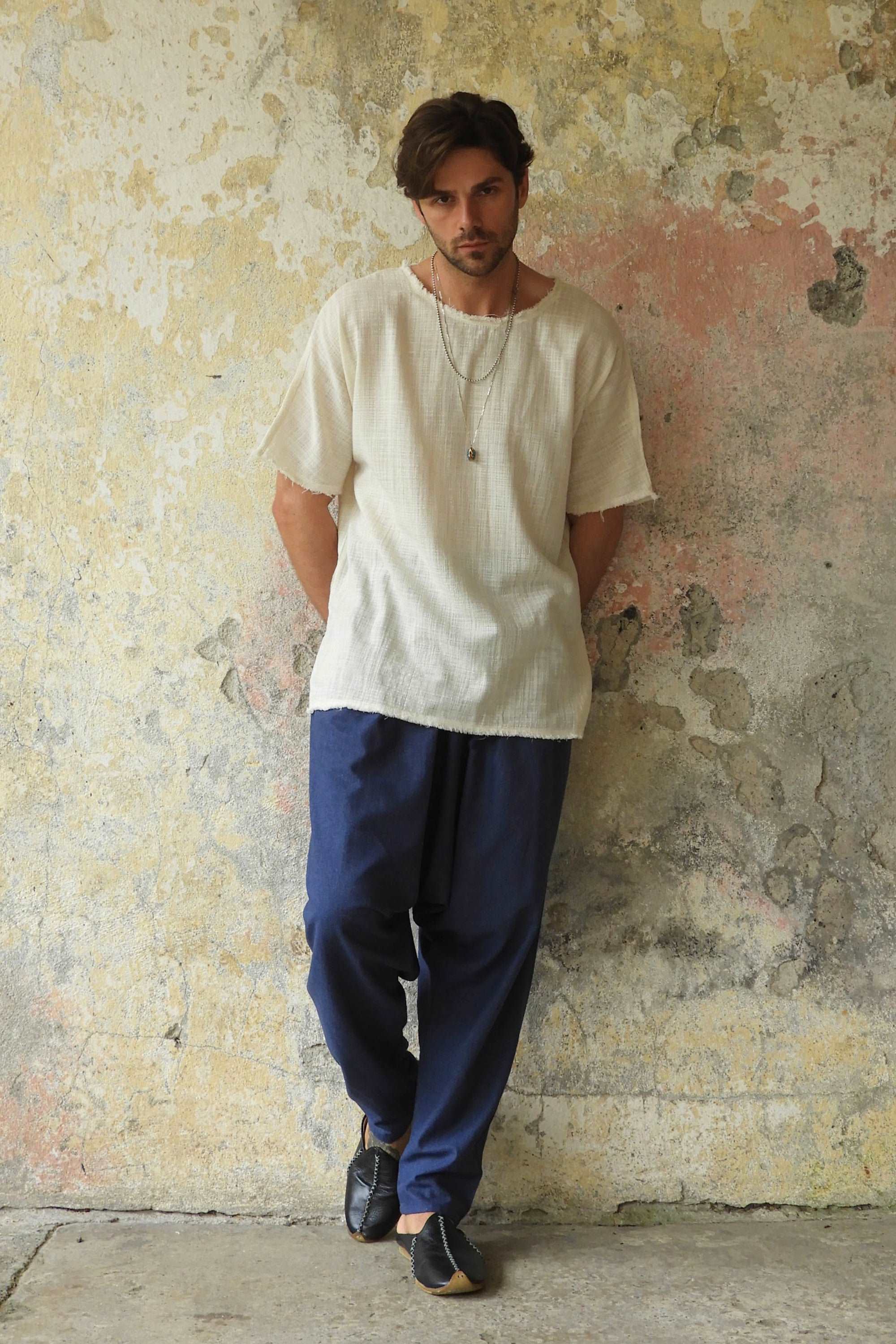 Odana's | Sustainable Gifts | MOON Men's Linen Blend Harem Pants (Beige, Indigo Blue) | Linen Harem Pants | Sustainable Fashion