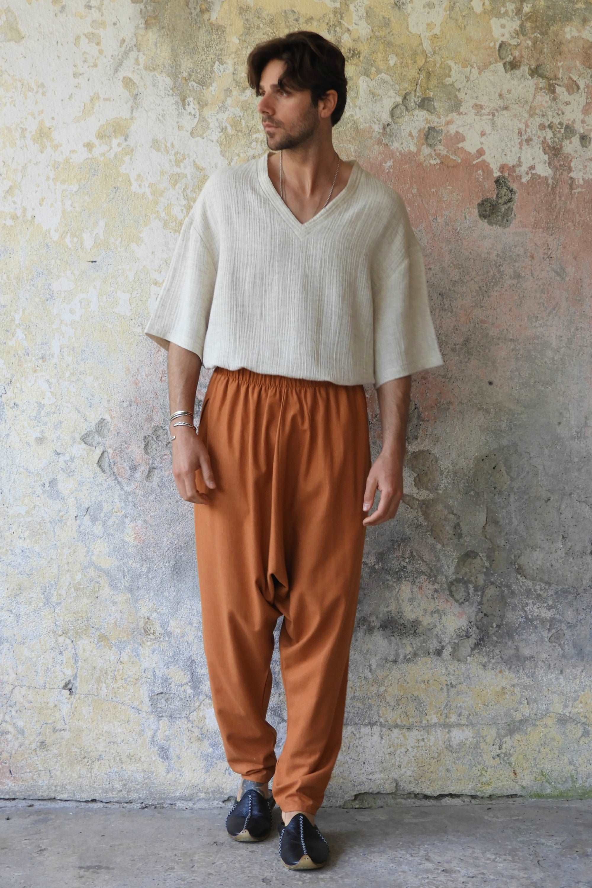 Sustainable  | MOON Gender Neutral Linen Blend Harem Pants (Windsor Tan, Burnt Orange) by Odana's