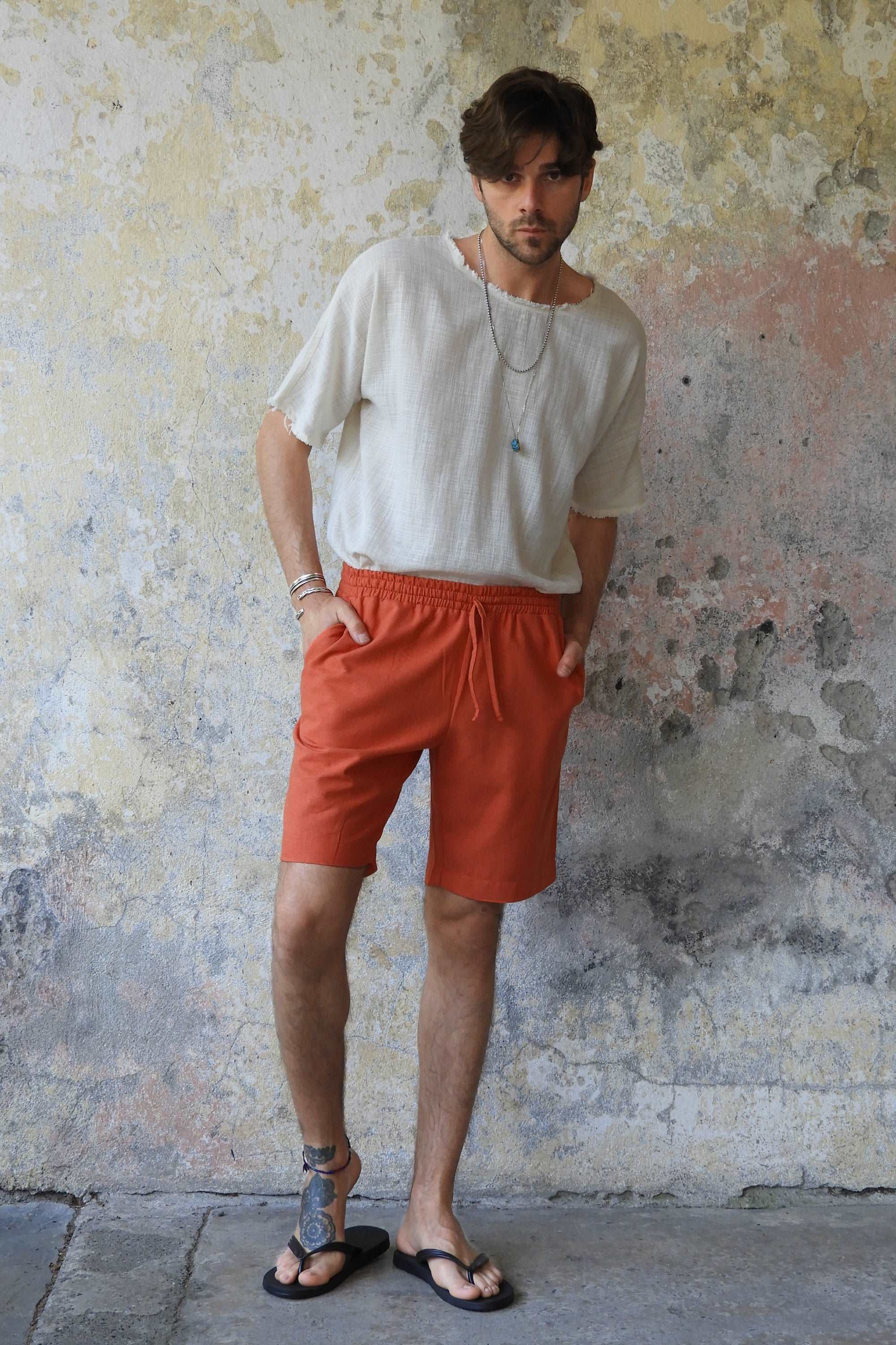 Sustainable  | BOREAS Linen Blend Shorts Man (Tan, Burnt Orange) by Odana's