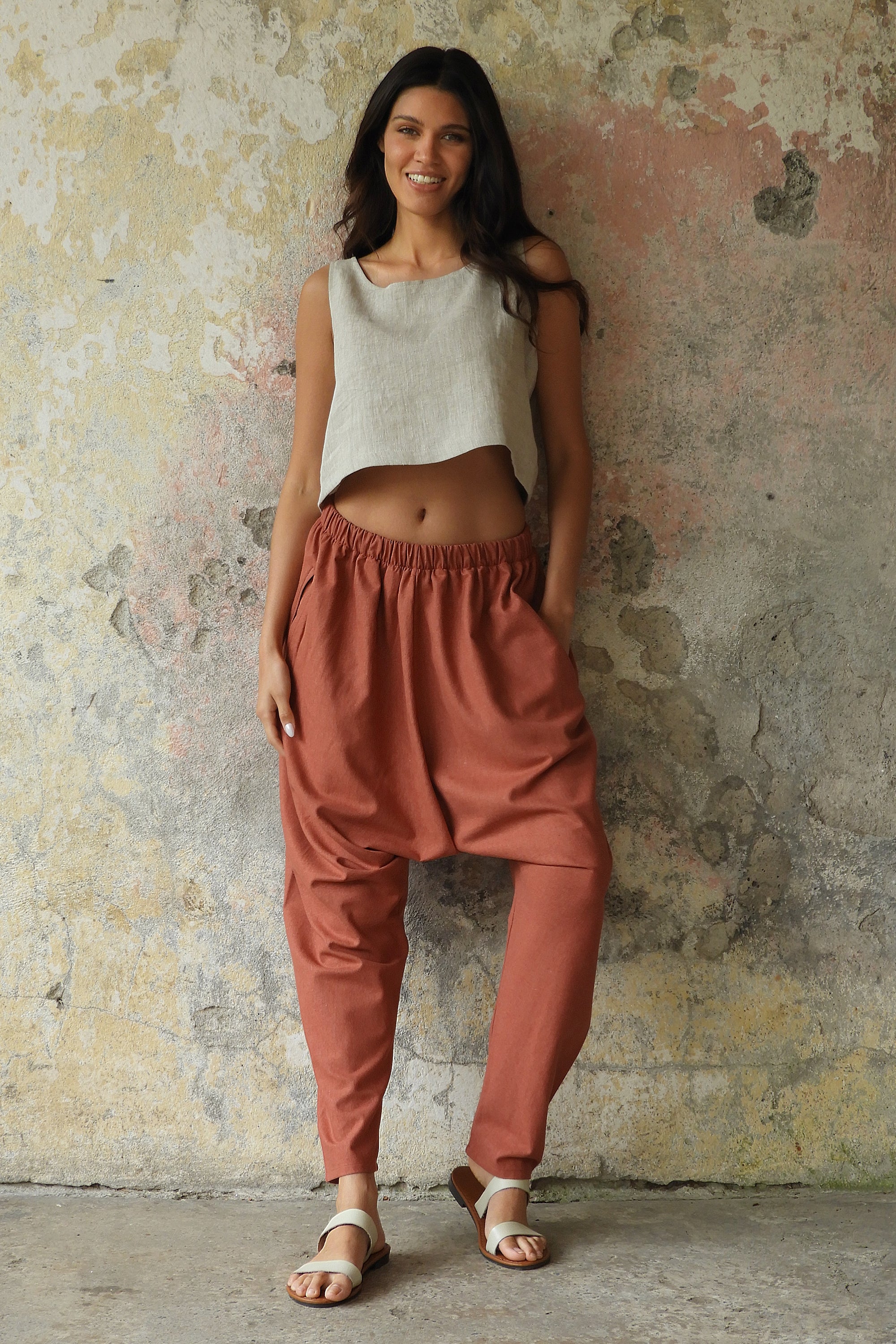 Odana's | MOON Women's Linen Blend Harem Pants (Terra Cotta, Almond Green) | Linen Harem Pants | Sustainable Fashion