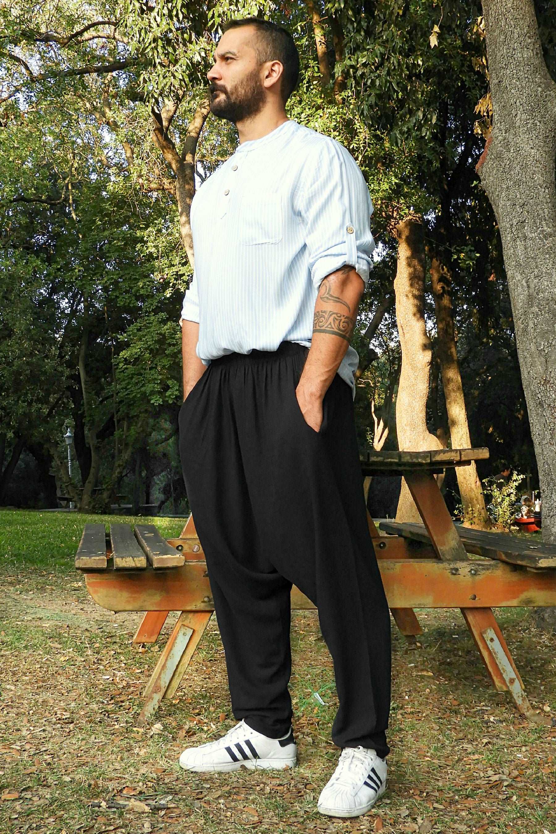 Odana's | Sustainable Gifts | MOON Men's Linen Blend Harem Pants (Black, Tan) | Linen Harem Pants | Sustainable Fashion