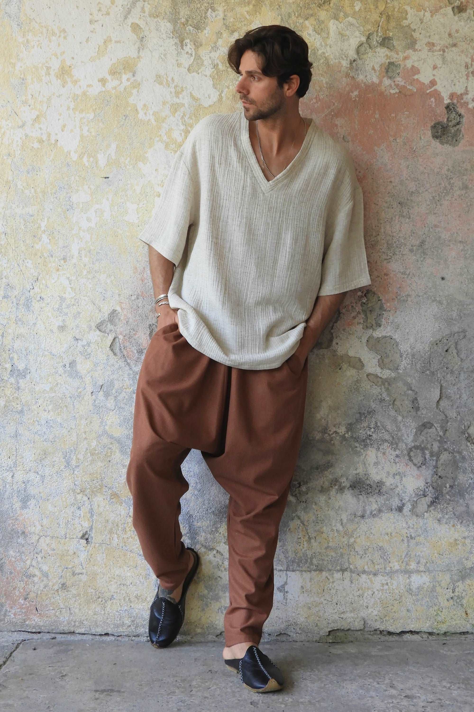 Odana's | Sustainable Gifts | MOON Men's Linen Blend Harem Pants (Dark Gray, Brown) | Linen Harem Pants | Sustainable Fashion