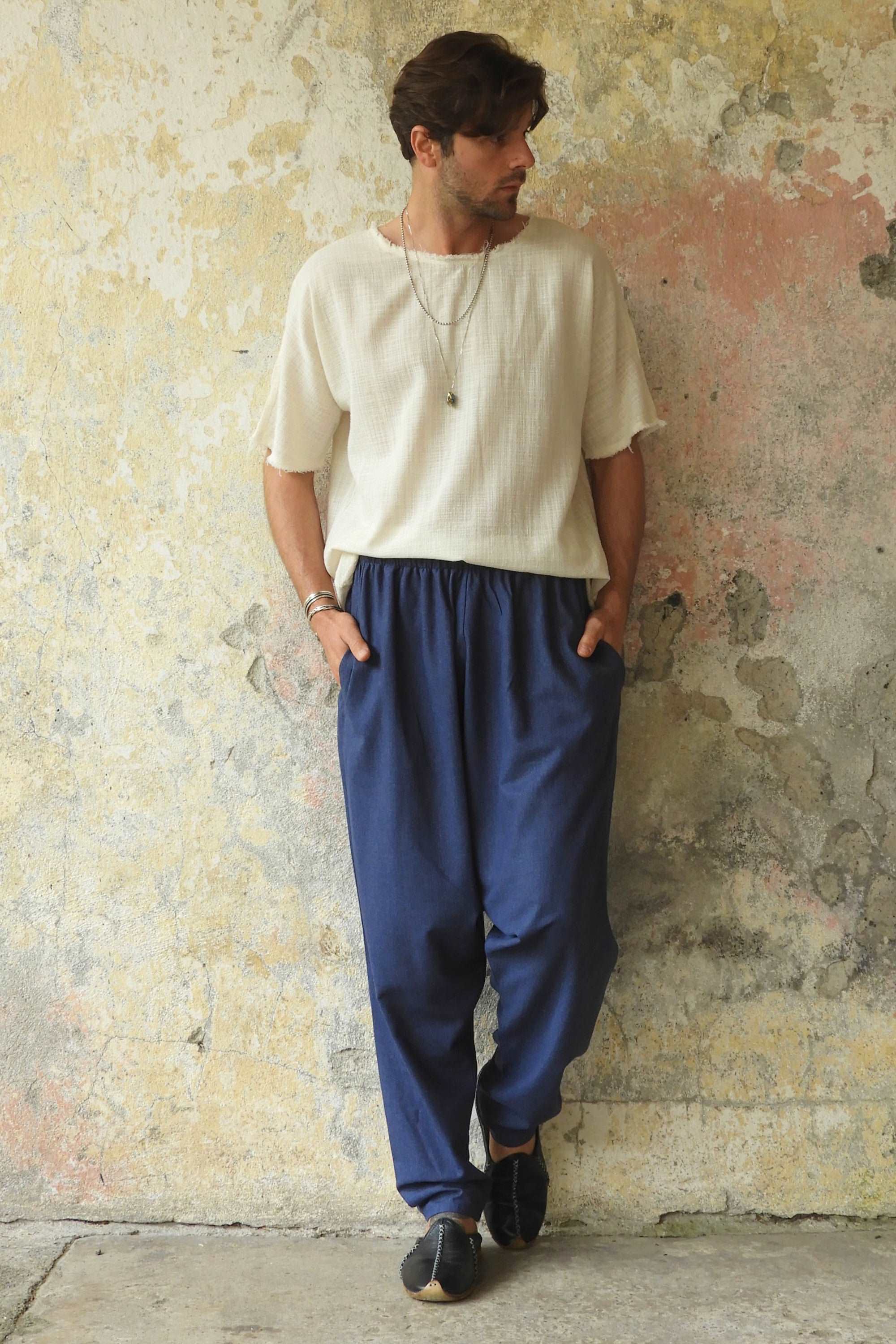 Odana's | Sustainable Gifts | MOON Men's Linen Blend Harem Pants (Beige, Indigo Blue) | Linen Harem Pants | Sustainable Fashion