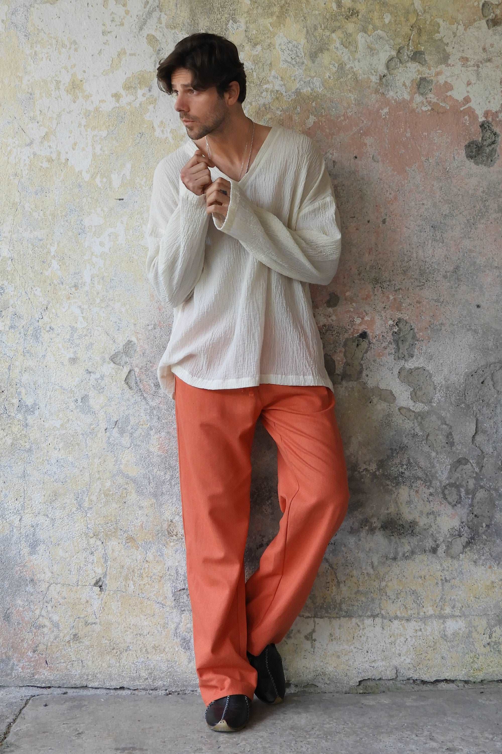 Odana's | Sustainable Gifts | BEACH Men's Linen Blend Pants (Burnt Orange, Green Almond) | Linen Pants | Sustainable Fashion