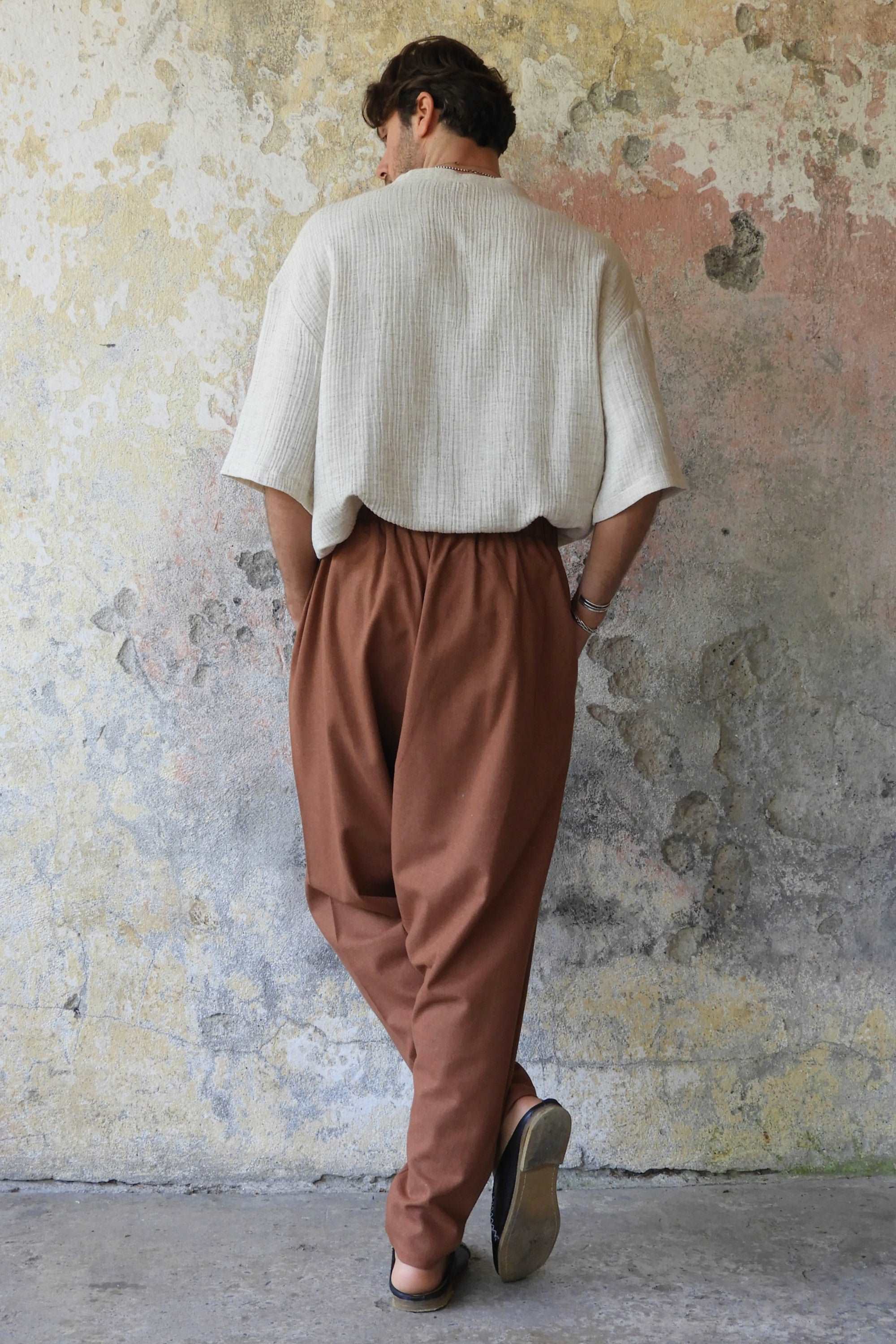 Sustainable  | MOON Gender Neutral Linen Blend Harem Pants (Dark Gray, Brown) by Odana's