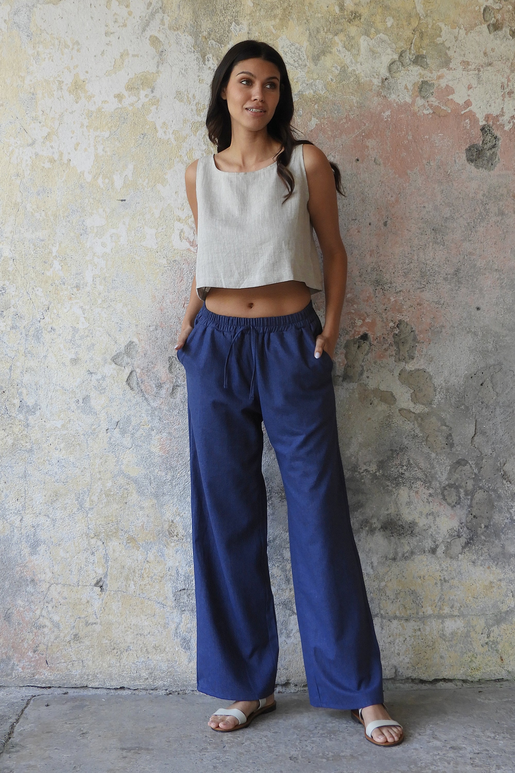 TRINITY Linen Blend Women's Pants (Tan, Indigo Blue)