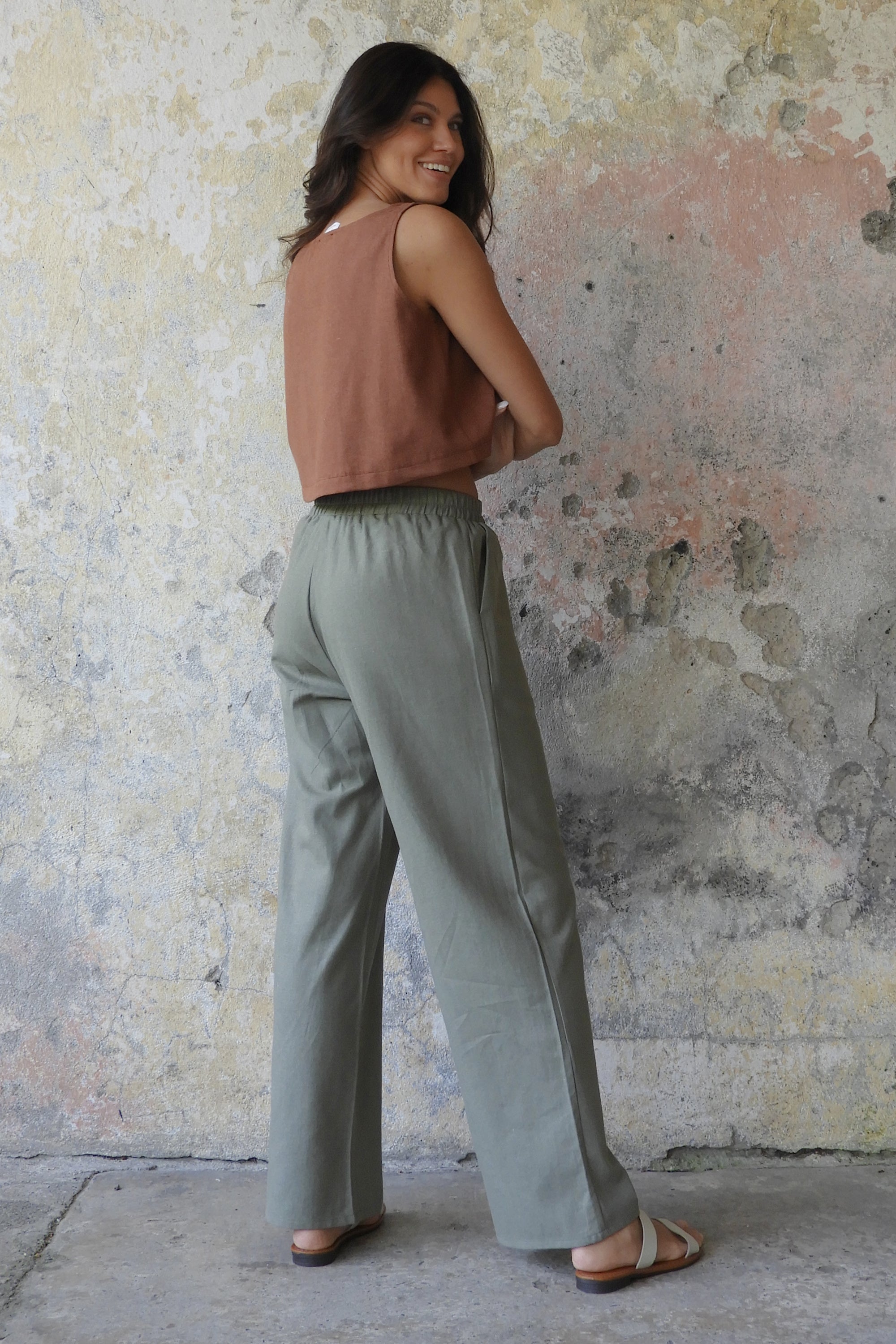 Odana's | Sustainable Gifts | TRINITY Linen Blend Women's Pants (Almond Green, Dark Gray, Windsor Tan) | Linen Pants | Sustainable Fashion