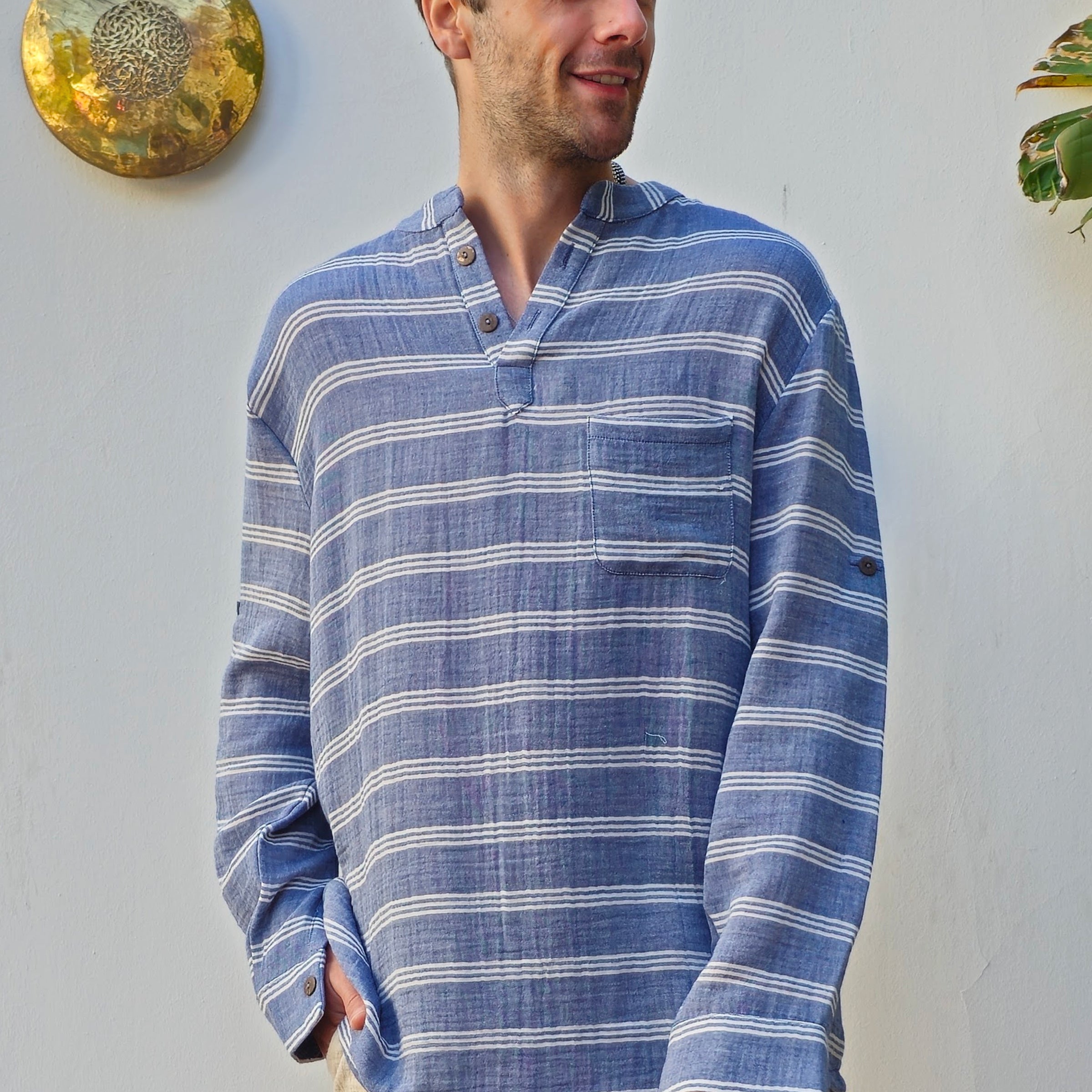 Odana's | Sustainable Gifts | ZEUS STRIPES Organic Double Gauze Shirt (Light Indigo Blue) Light Indigo Blue | Shirts | Sustainable Fashion