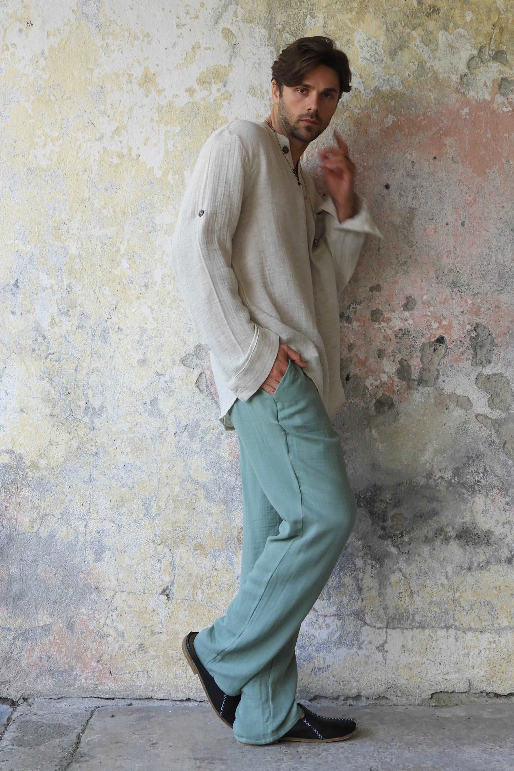 Sustainable  | DUNE Gender Neutral Gauze Cotton Pants (Black, Sage Green) by Odana's