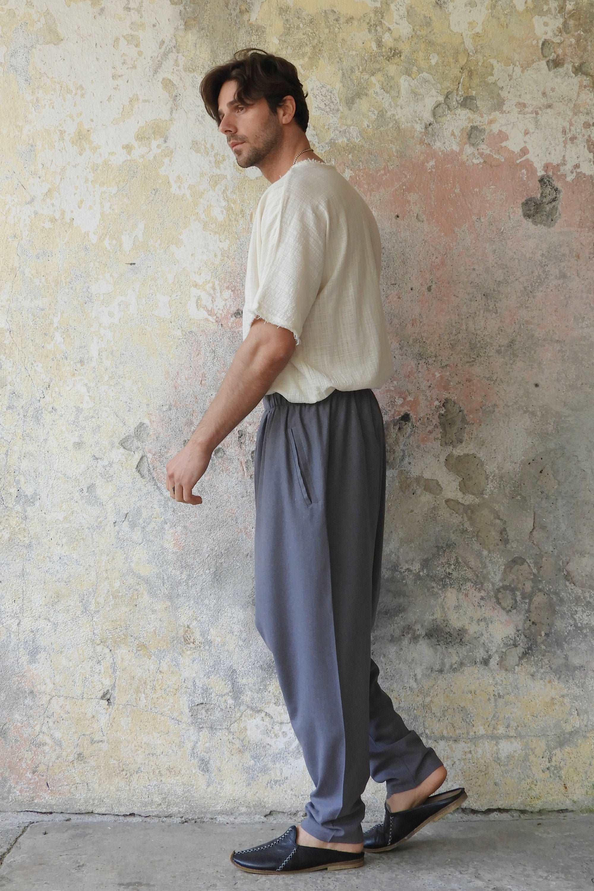 Sustainable  | MOON Gender Neutral Linen Blend Harem Pants (Dark Gray, Brown) by Odana's