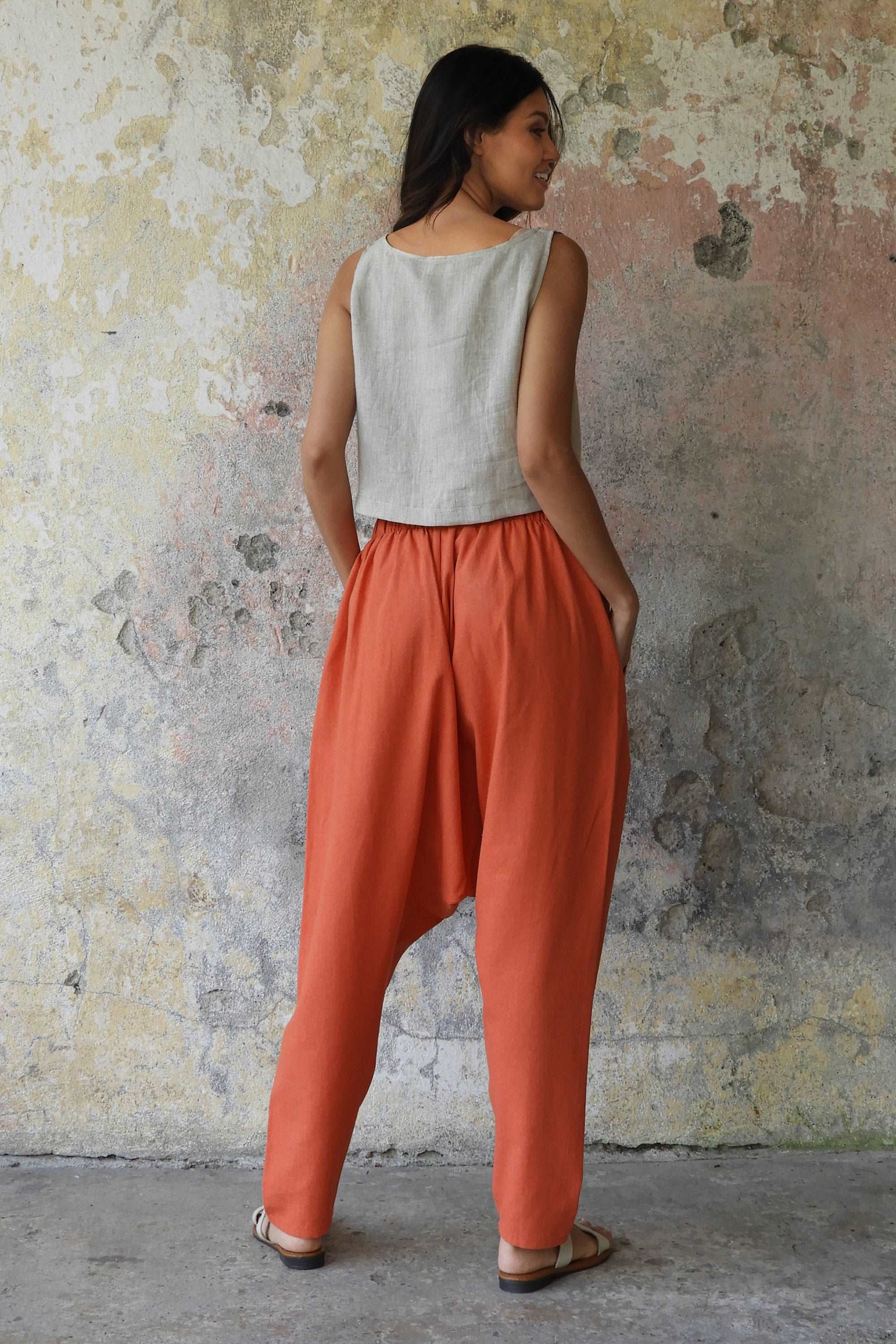 Odana's | Sustainable Gifts | MOON Gender Neutral Linen Blend Harem Pants (Windsor Tan, Burnt Orange) | Linen Harem Pants | Sustainable Fashion