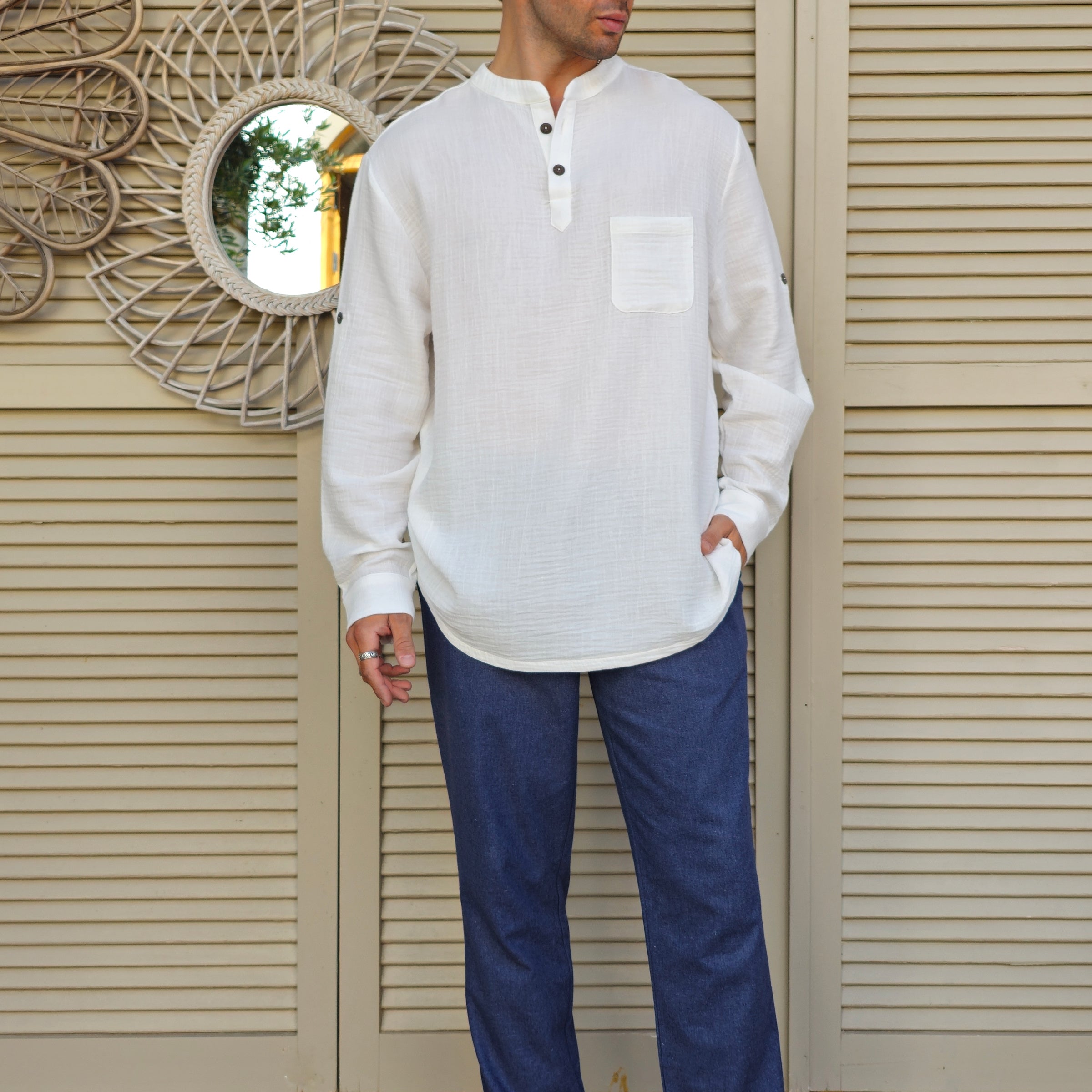 Odana's | Sustainable Gifts | ZEUS Men's Double Gauze Shirt (White) White | Shirts | Sustainable Fashion
