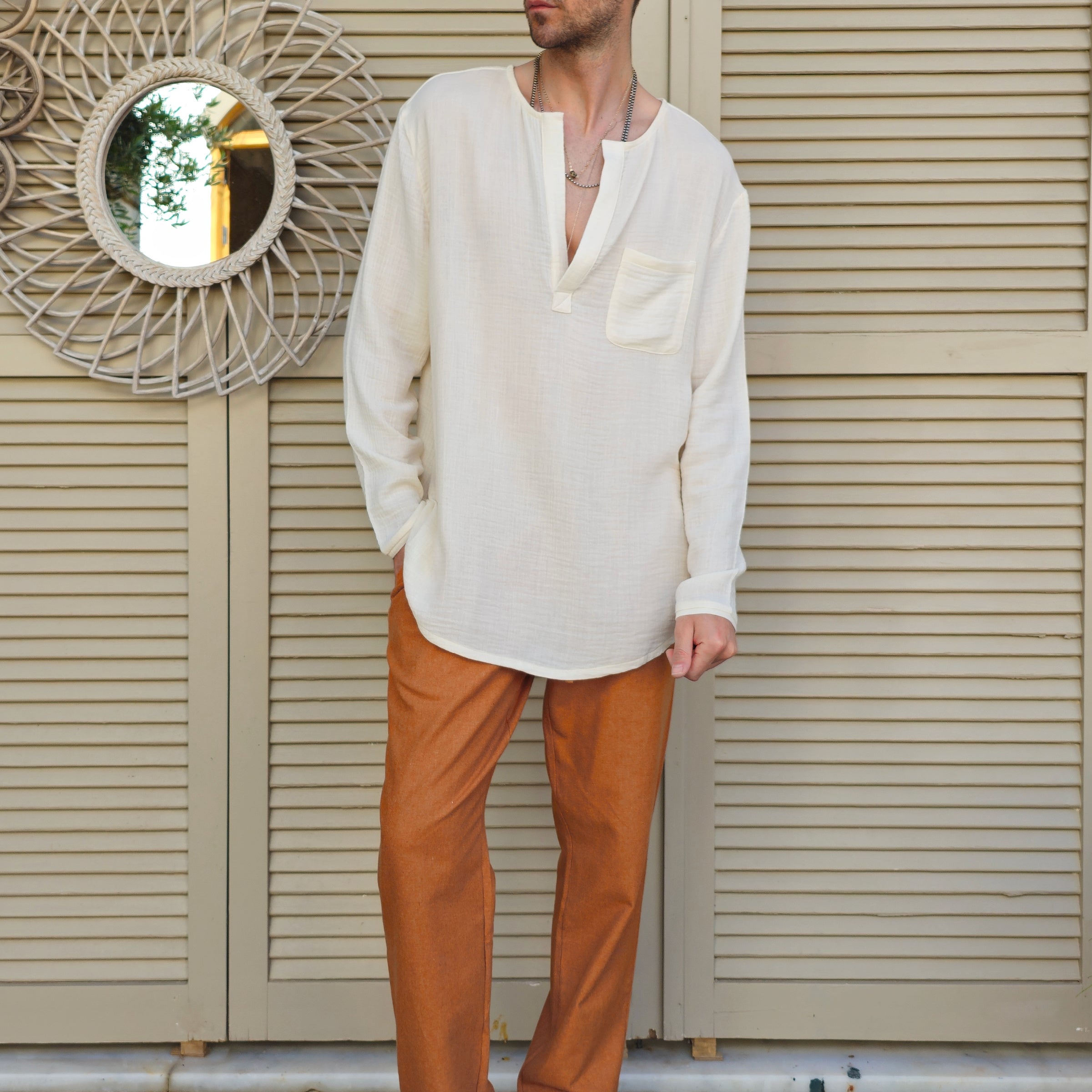 THANOS Bamboo-Cotton Shirt – Men's Oversized Boho Shirt ( Light Cream, Black )