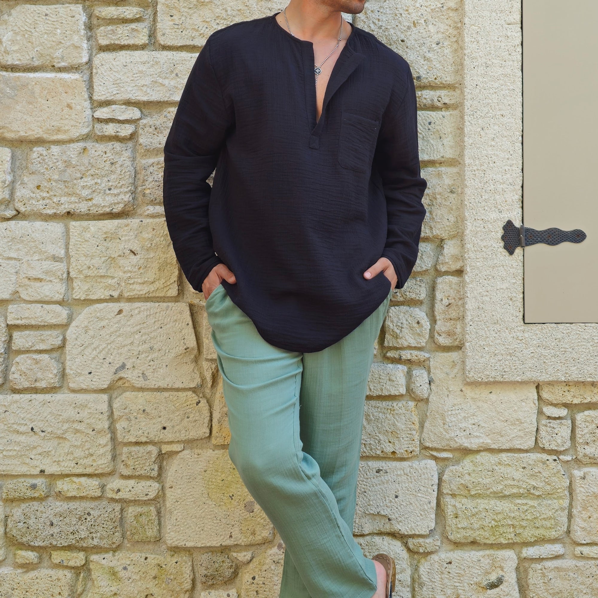 THANOS Bamboo-Cotton Shirt – Men's Oversized Boho Shirt ( Light Cream, Black )