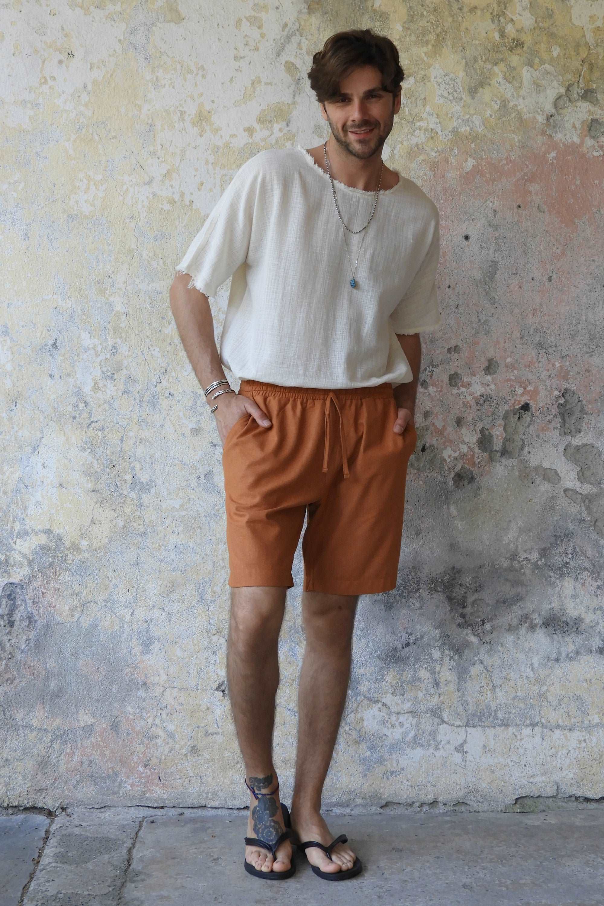 Odana's | Sustainable Gifts | BOREAS Linen Blend Shorts Man (Indigo Blue, Windsor Tan) | Linen Pants | Sustainable Fashion