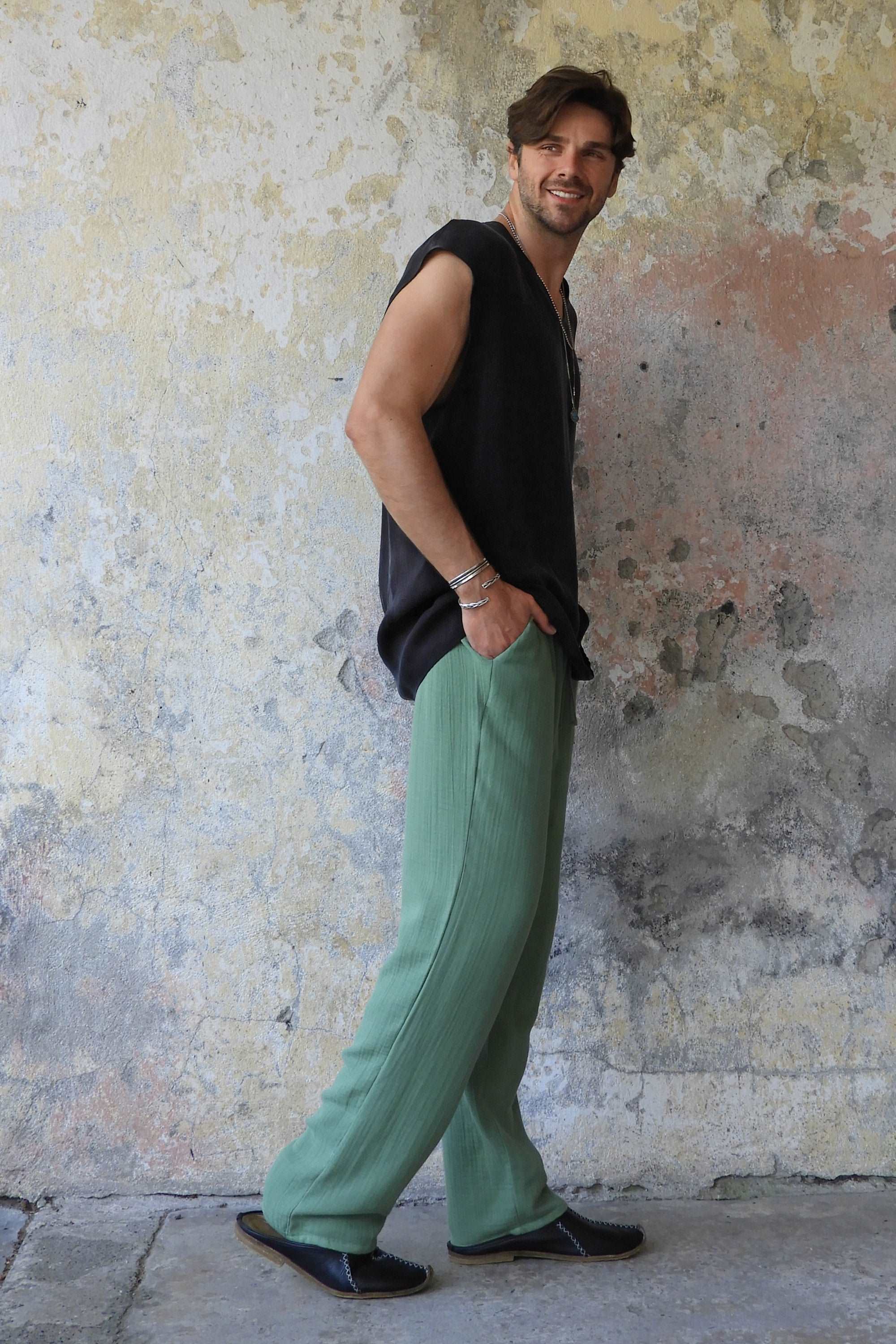 Odana's | Sustainable Gifts | DUNE Men's Organic Gauze Cotton Pants (Dark Blue, Green) | Cotton Pants | Sustainable Fashion