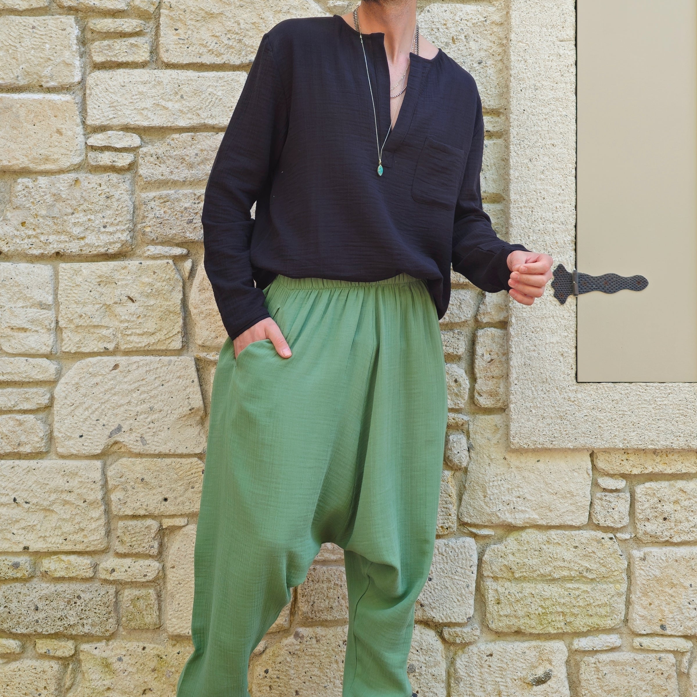 Odana's | Sustainable Gifts | TRIBAL Gender Neutral Organic Gauze Cotton Harem Pants (Mustard, Green) Green | Harem Pants | Sustainable Fashion