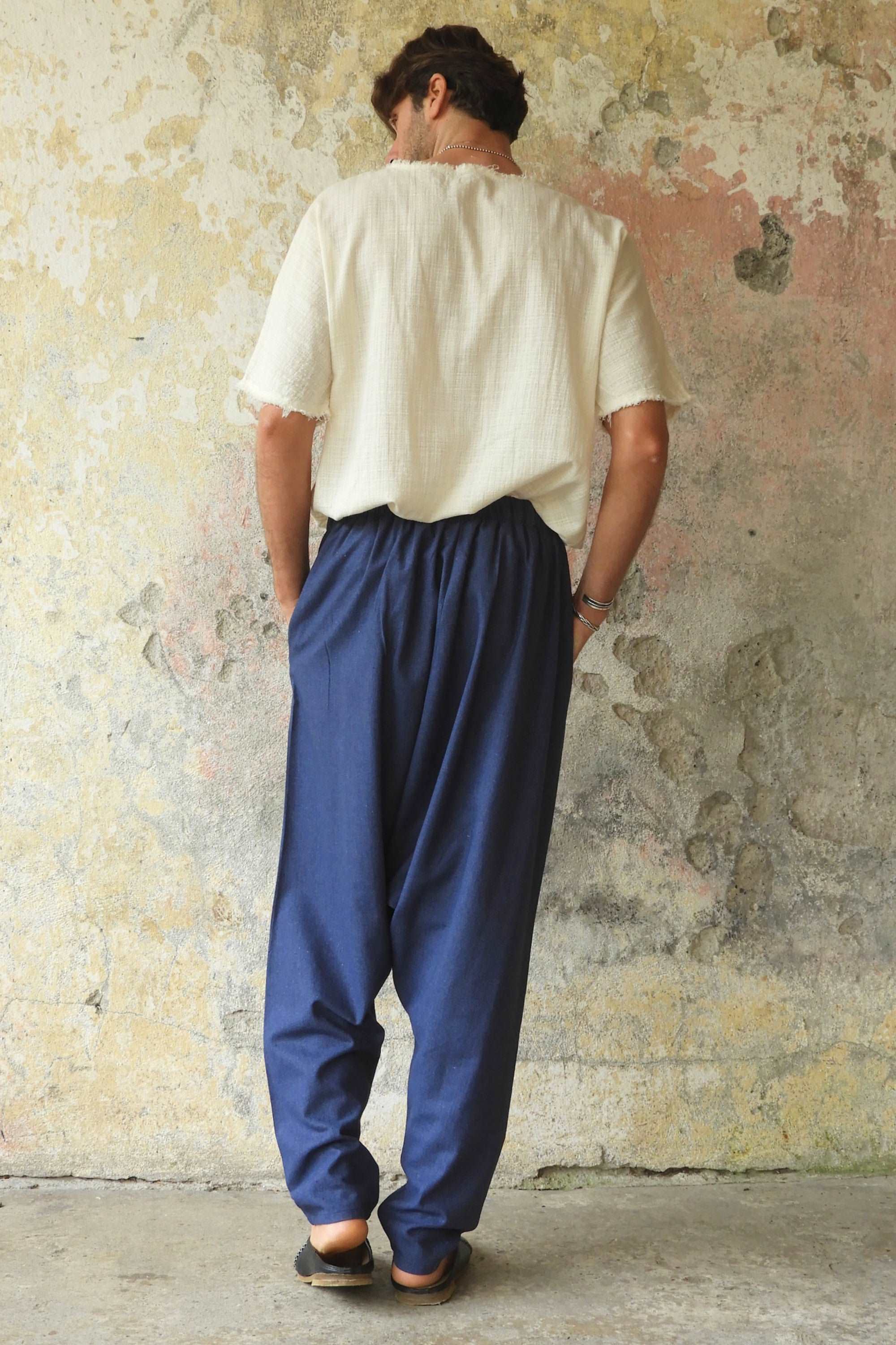 Odana's | Sustainable Gifts | MOON Men's Linen Blend Harem Pants (Beige, Indigo Blue) | Linen Harem Pants | Sustainable Fashion