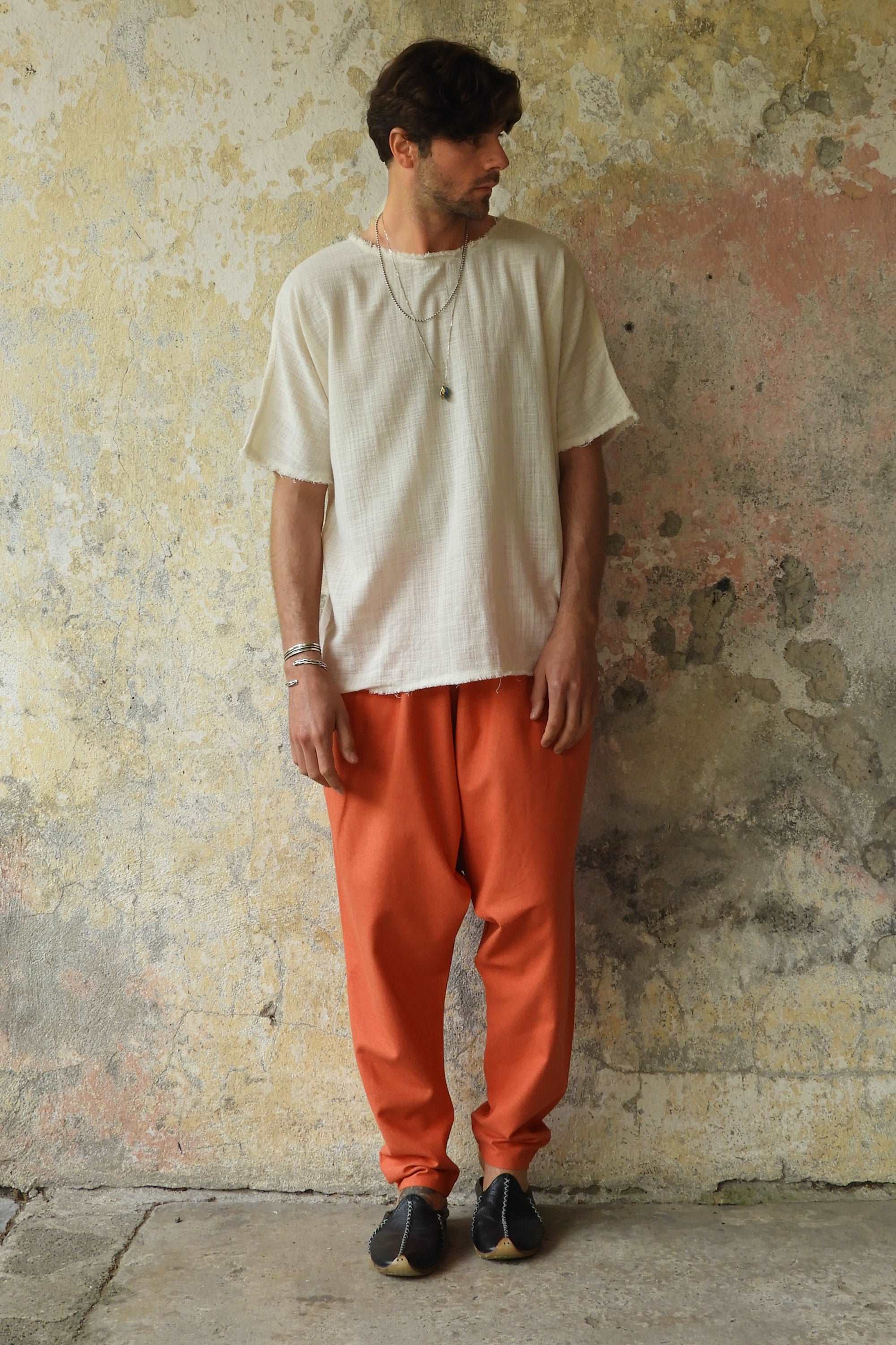 Odana's | Sustainable Gifts | MOON Men's Linen Blend Harem Pants (Windsor Tan, Burnt Orange) | Linen Harem Pants | Sustainable Fashion