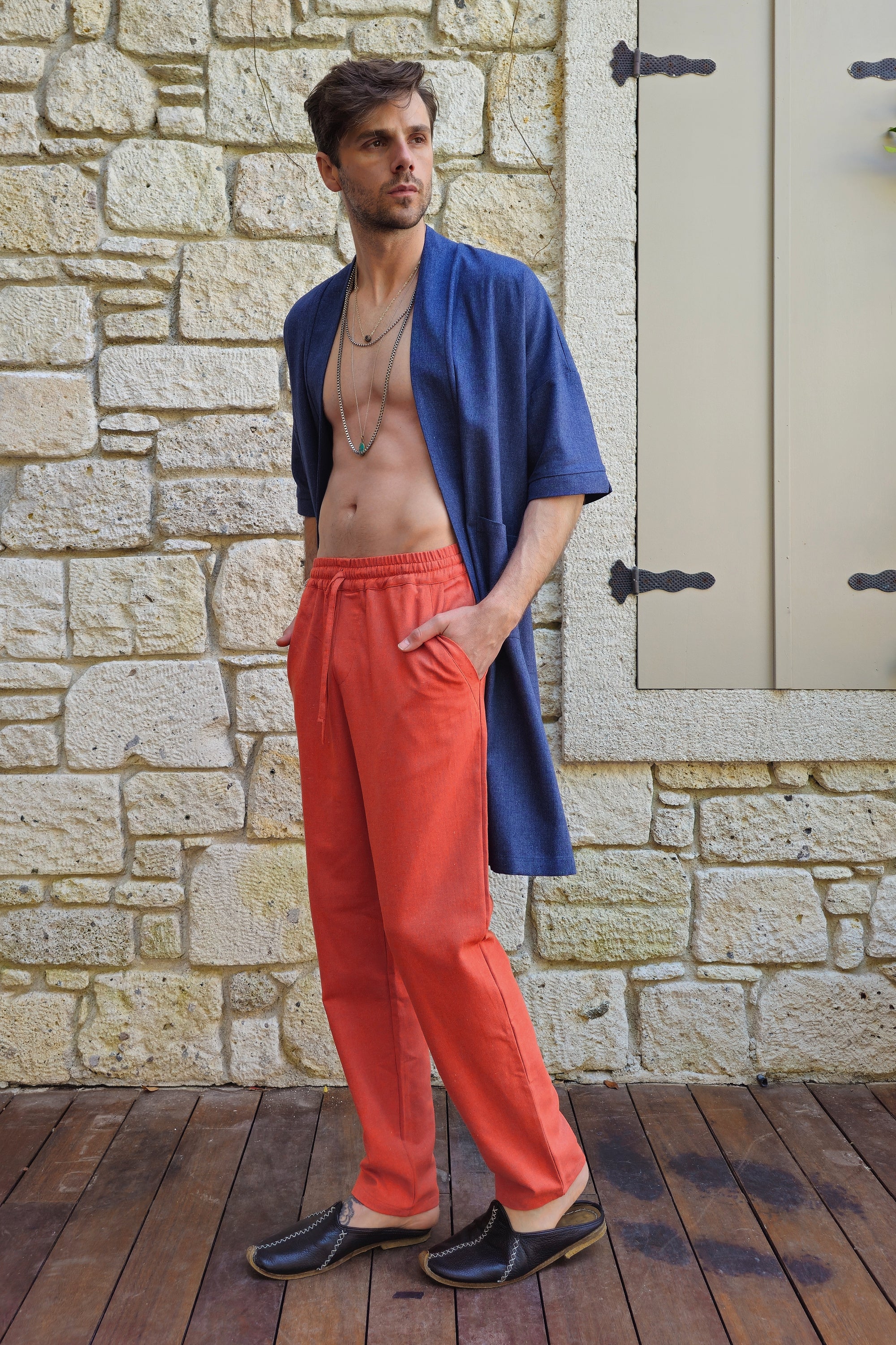 Odana's | Sustainable Gifts | POSEIDON Eco-Friendly Linen & Cotton Blend Drawstring Pants (Burnt Orange, Terra Cotta) | POSEIDON Eco-Friendly Linen & Cotton Blend Drawstring Pants | Sustainable Fashion