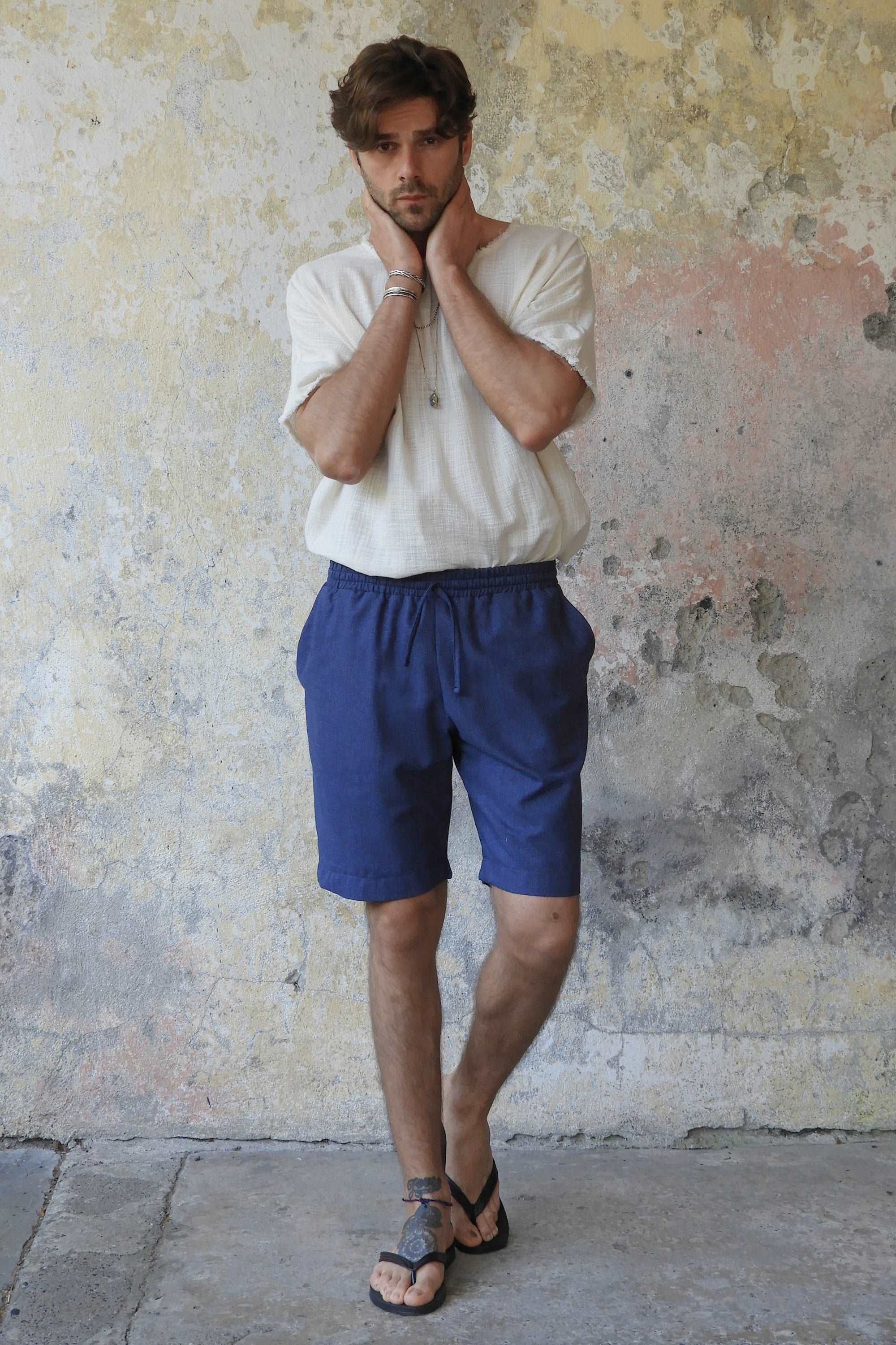 Sustainable  | BOREAS Linen Blend Shorts Man (Indigo Blue, Windsor Tan) by Odana's