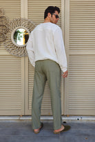 Odana's | Sustainable Gifts | POSEIDON Eco-Friendly Linen & Cotton Blend Drawstring Pants (Windsor Tan, Green Almond) | POSEIDON Eco-Friendly Linen & Cotton Blend Drawstring Pants | Sustainable Fashion