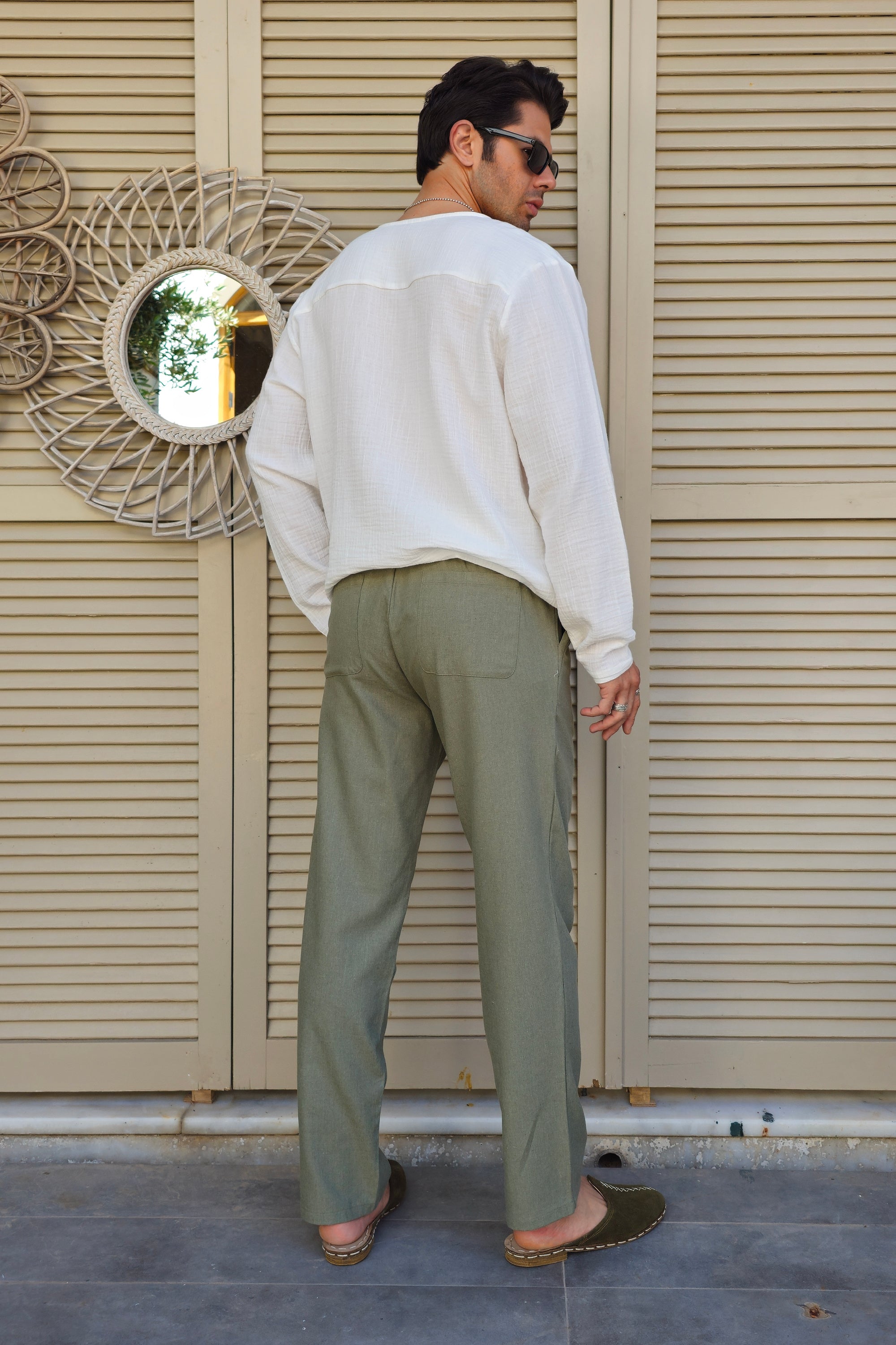 Odana's | Sustainable Gifts | POSEIDON Eco-Friendly Linen & Cotton Blend Drawstring Pants (Windsor Tan, Green Almond) | POSEIDON Eco-Friendly Linen & Cotton Blend Drawstring Pants | Sustainable Fashion