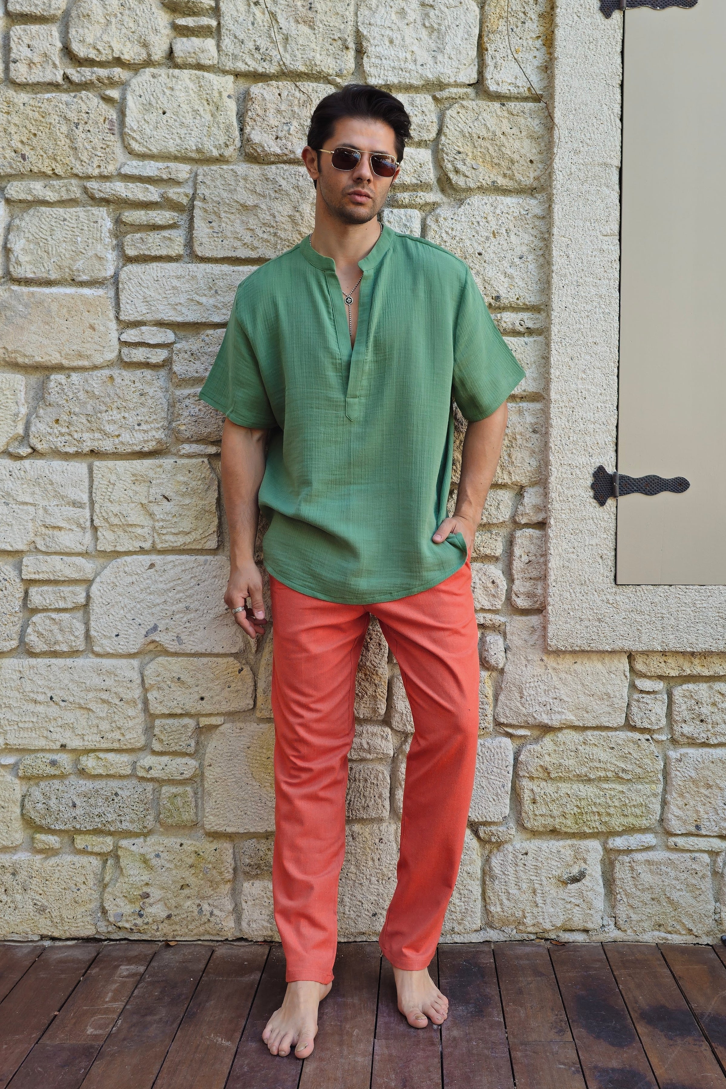 Odana's | Sustainable Gifts | ARCHEUS Organic Cotton Double Gauze Shirt (Green, Black) | Shirts | Sustainable Fashion