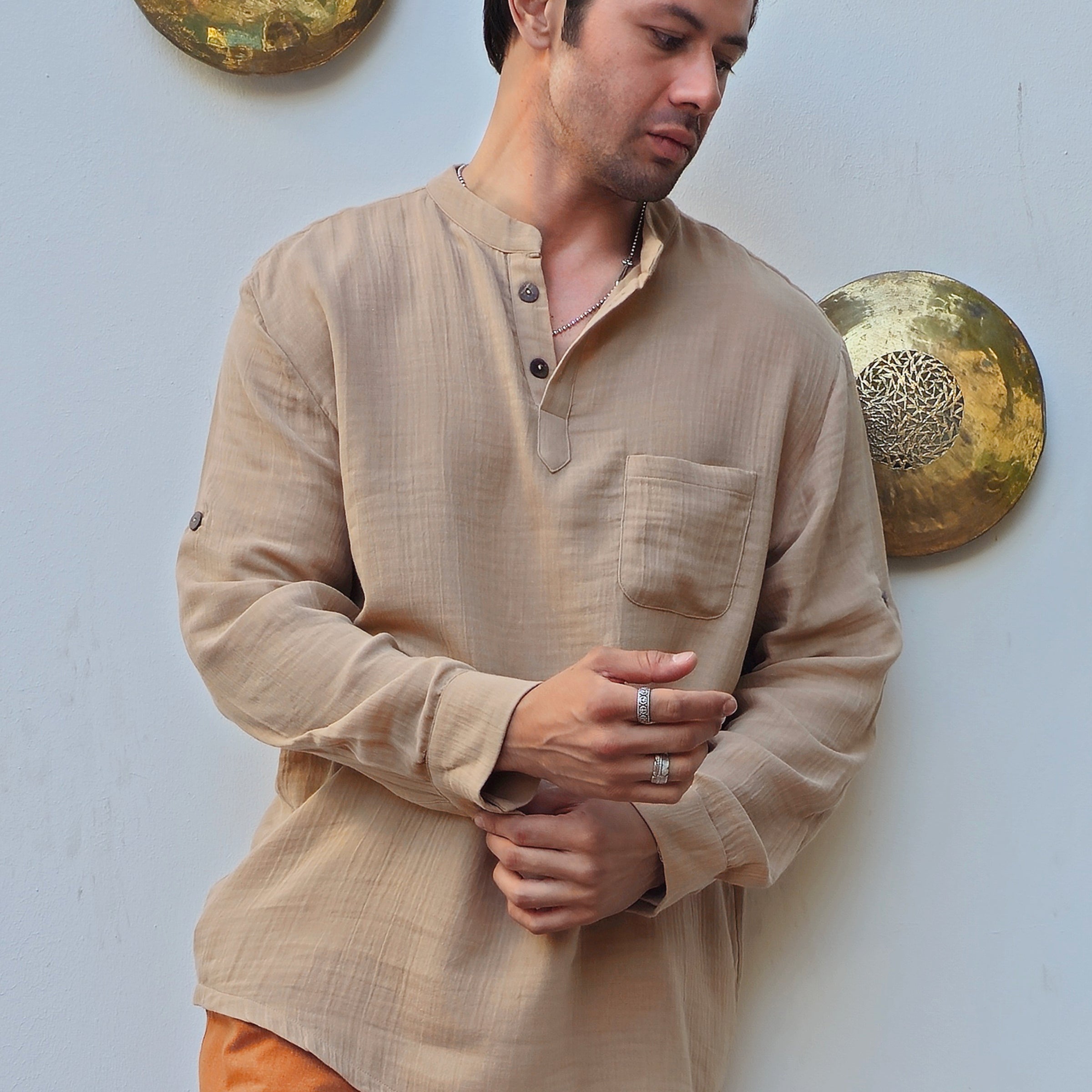 Odana's | Sustainable Gifts | ZEUS Men's Double Gauze Shirt (Beige, Dark Blue) Beige | Shirts | Sustainable Fashion