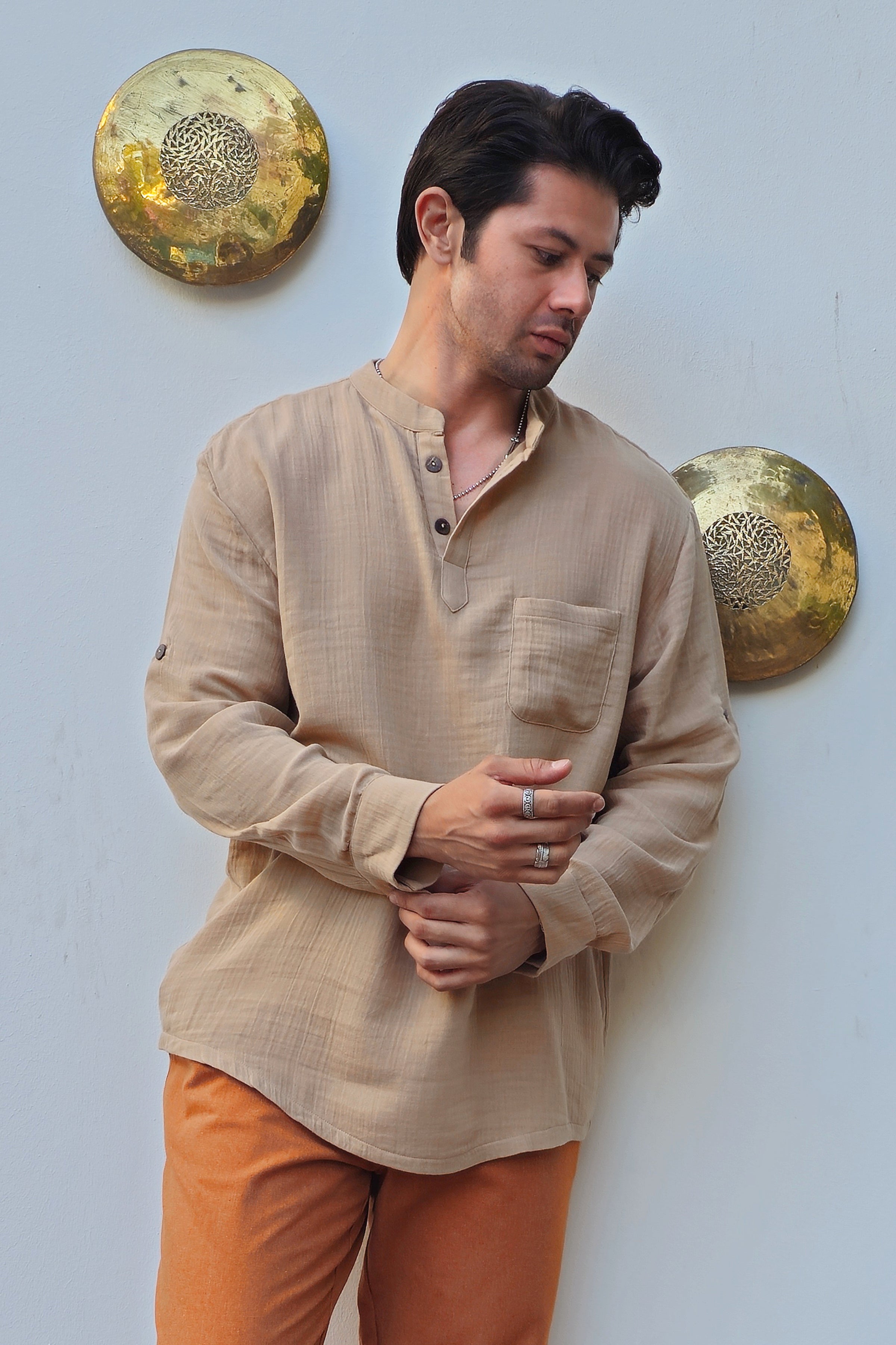 Odana's | ZEUS | Men's Double Gauze Shirt (Beige, Dark Blue)