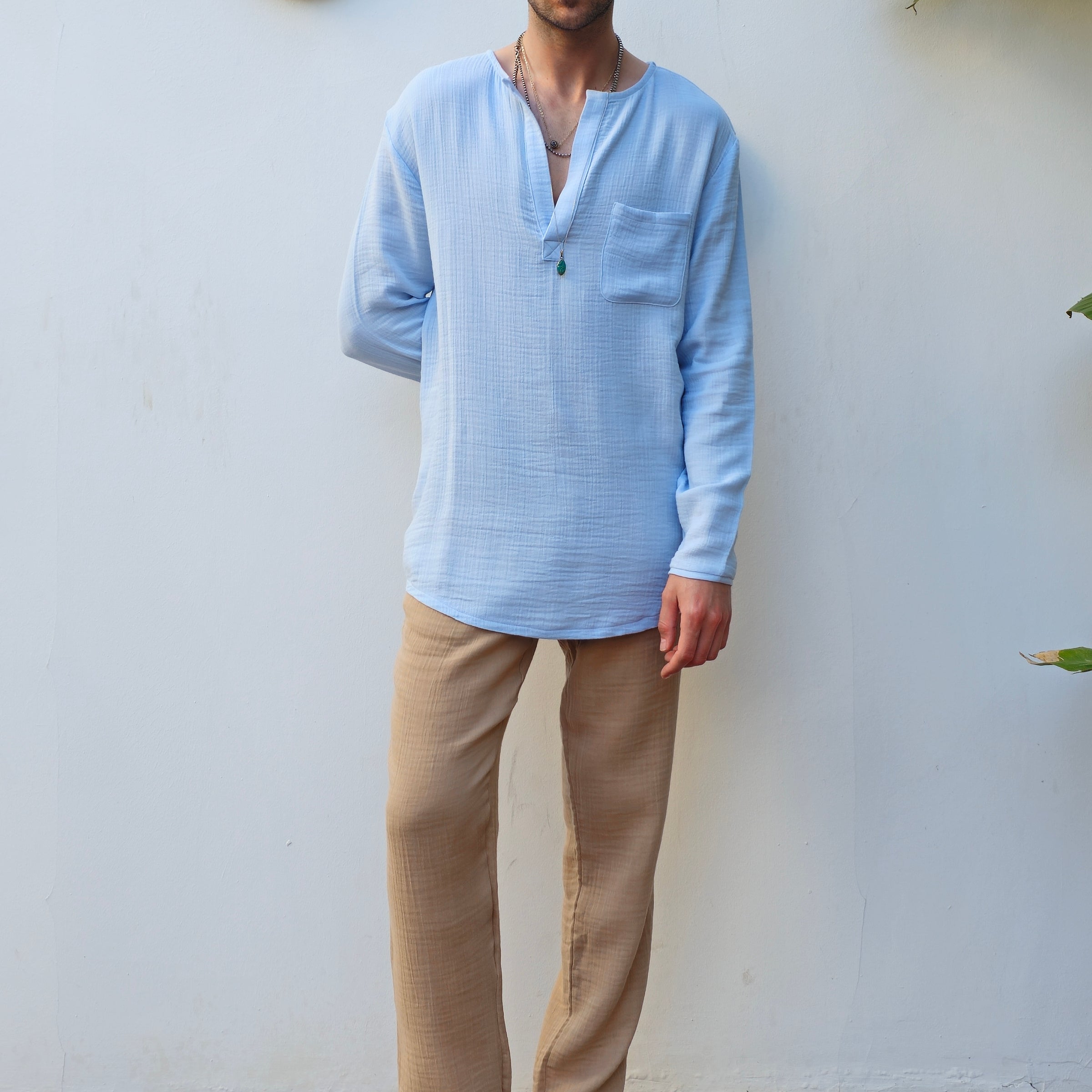 THANOS Bamboo-Cotton Shirt – Men's Oversized Boho Shirt ( Mist Blue, Beige )