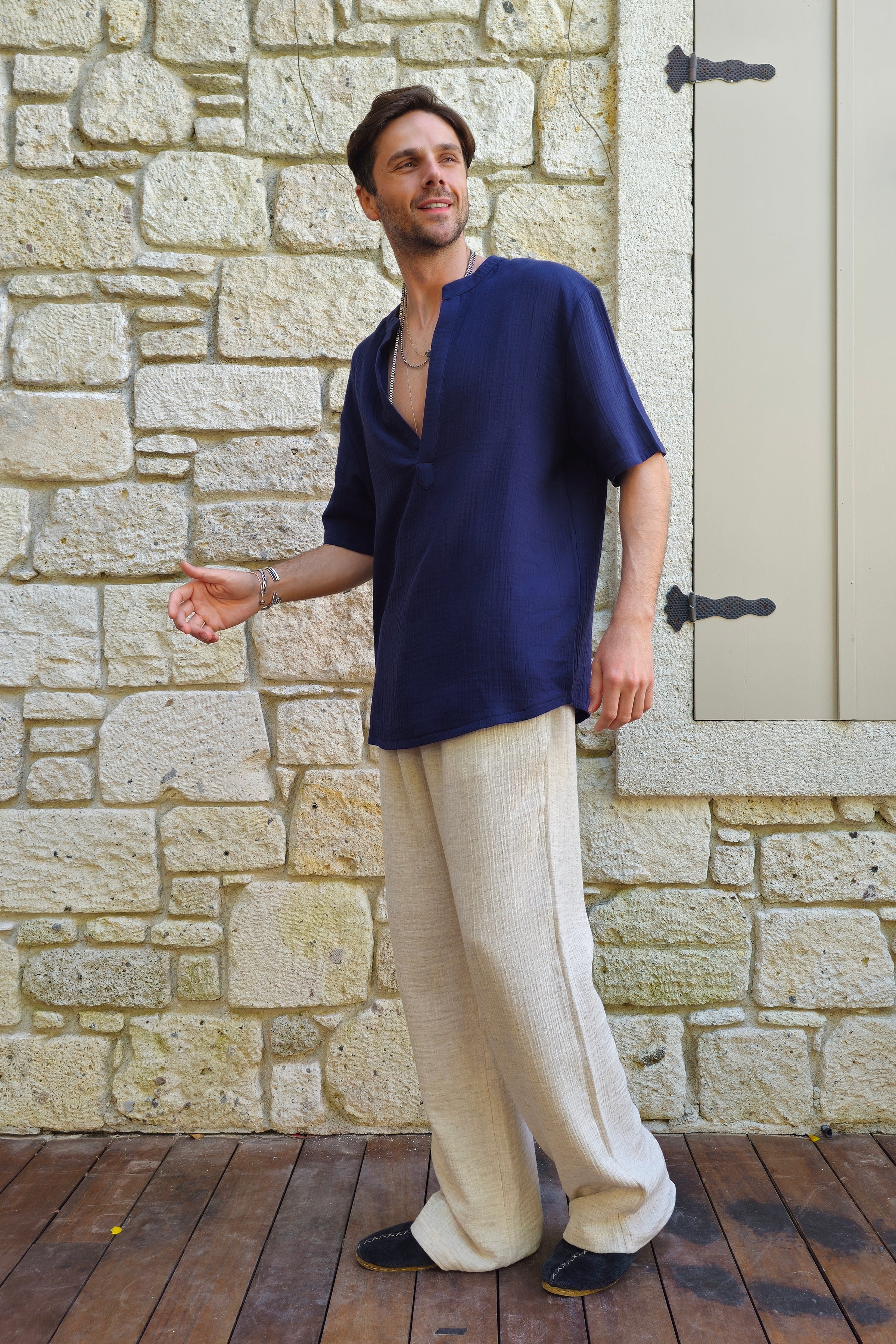 Odana's | Sustainable Gifts | ARCHEUS Organic Cotton Double Gauze Shirt (Dark Blue, Baby Blue) | Shirts | Sustainable Fashion