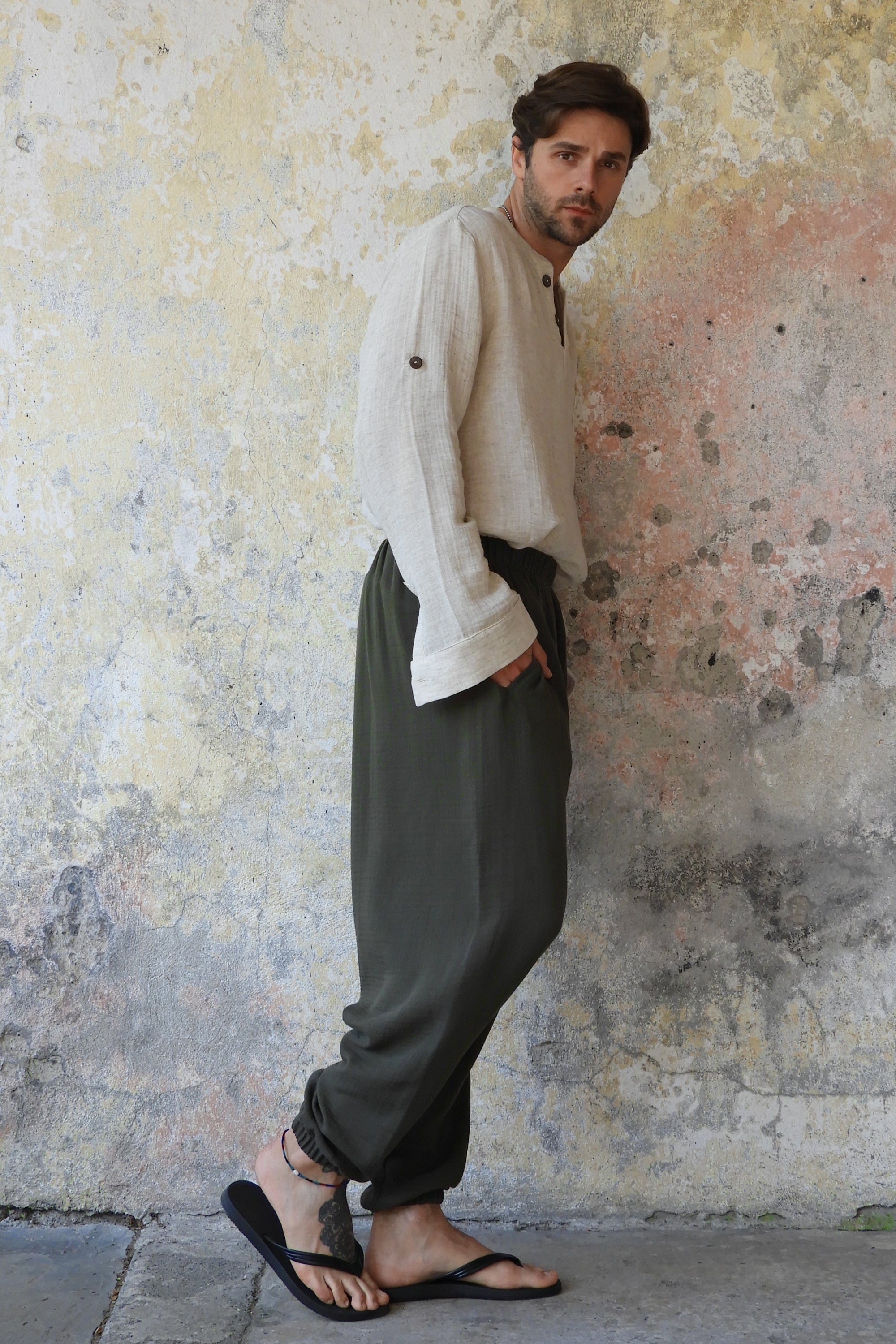 Sustainable  | TRIBAL Men's Gauze Cotton Harem Pants (Army Green, Sage Green) by Odana's