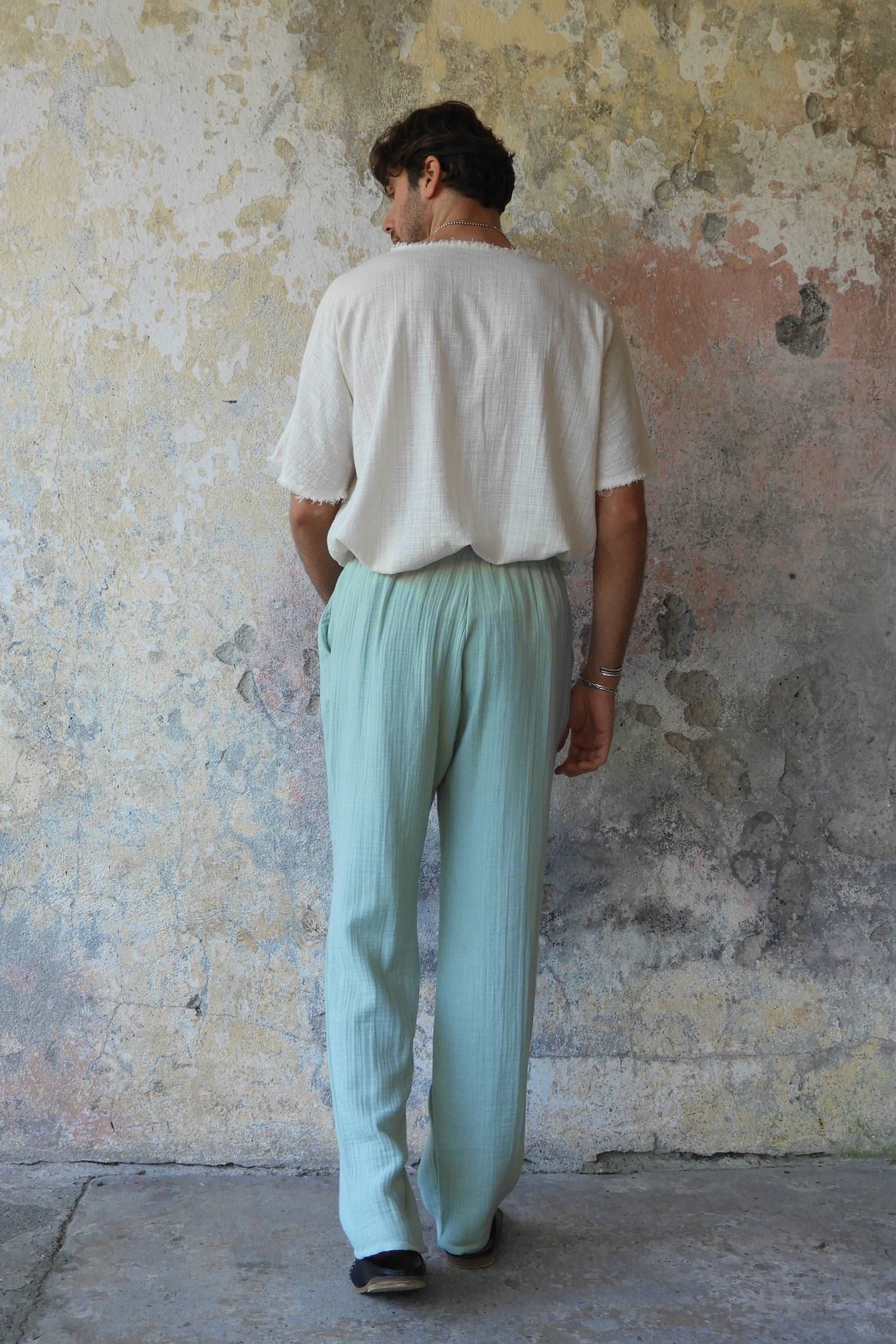 Odana's | Sustainable Gifts | DUNE Men's Organic Gauze Cotton Pants (Army Green, Dusty Mint) | Harem Pants | Sustainable Fashion
