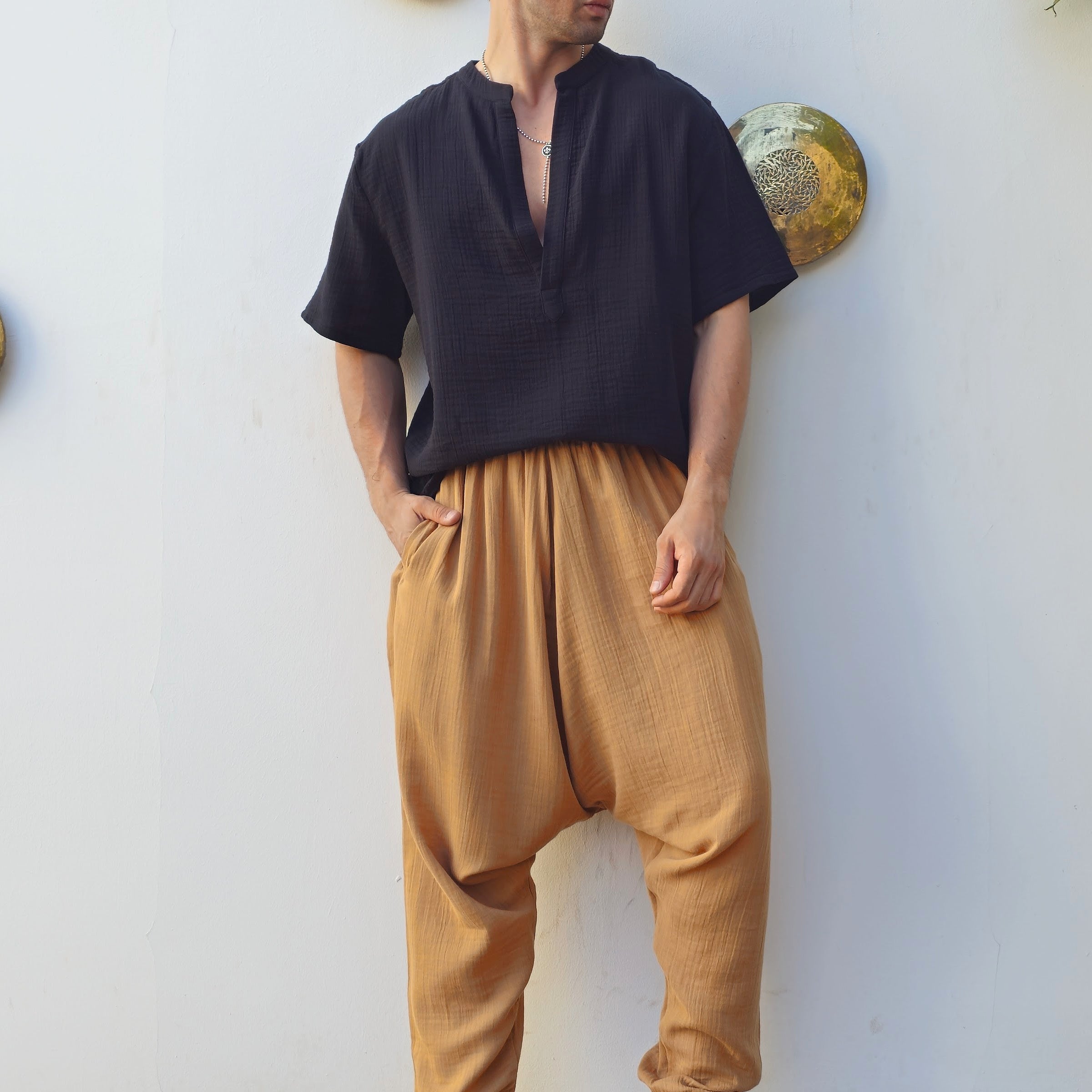 Odana's | Sustainable Gifts | ARCHEUS Organic Cotton Double Gauze Shirt (Green, Black) Black | Shirts | Sustainable Fashion