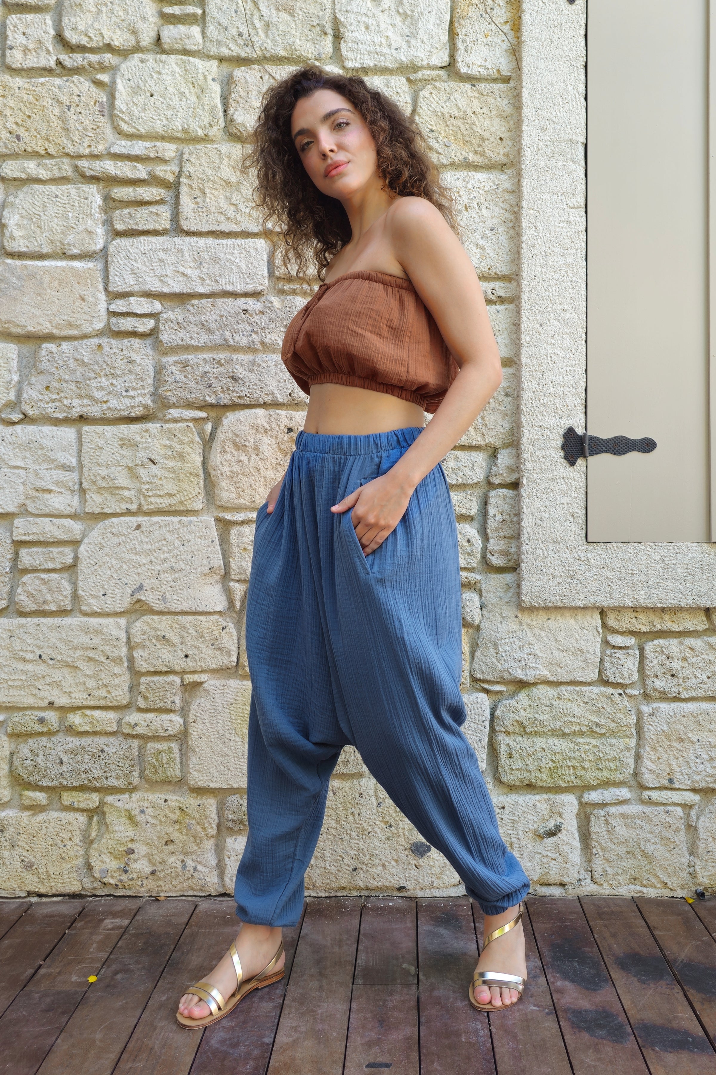 Odana's | Sustainable Gifts | TRIBAL Women's Organic Gauze Cotton Harem Pants (Light Indigo Blue,Mustard) | Harem Pants | Sustainable Fashion