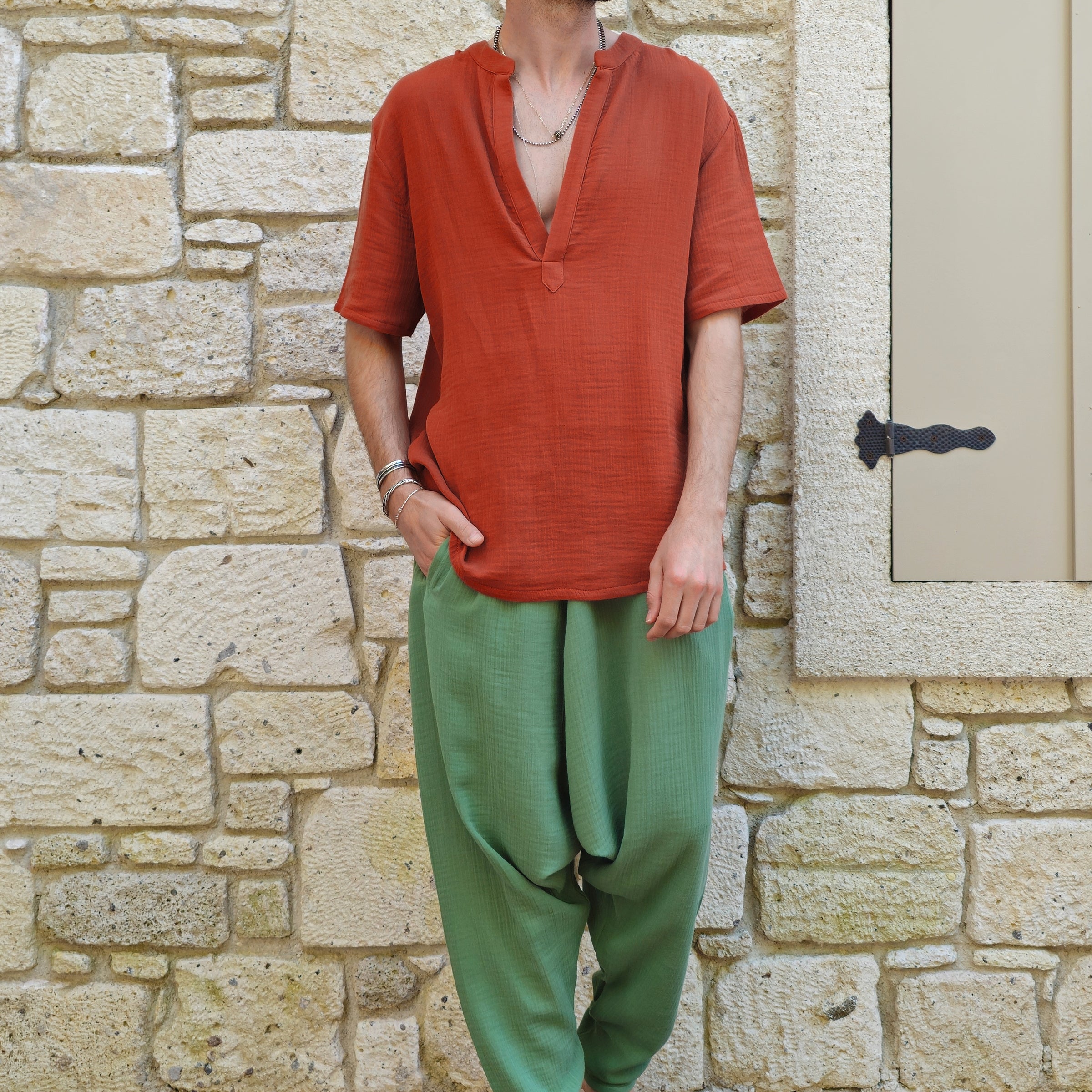 Odana's | Sustainable Gifts | ARCHEUS Organic Cotton Double Gauze Shirt (Light Indigo Blue, Rust Red) Rust Red | Shirts | Sustainable Fashion