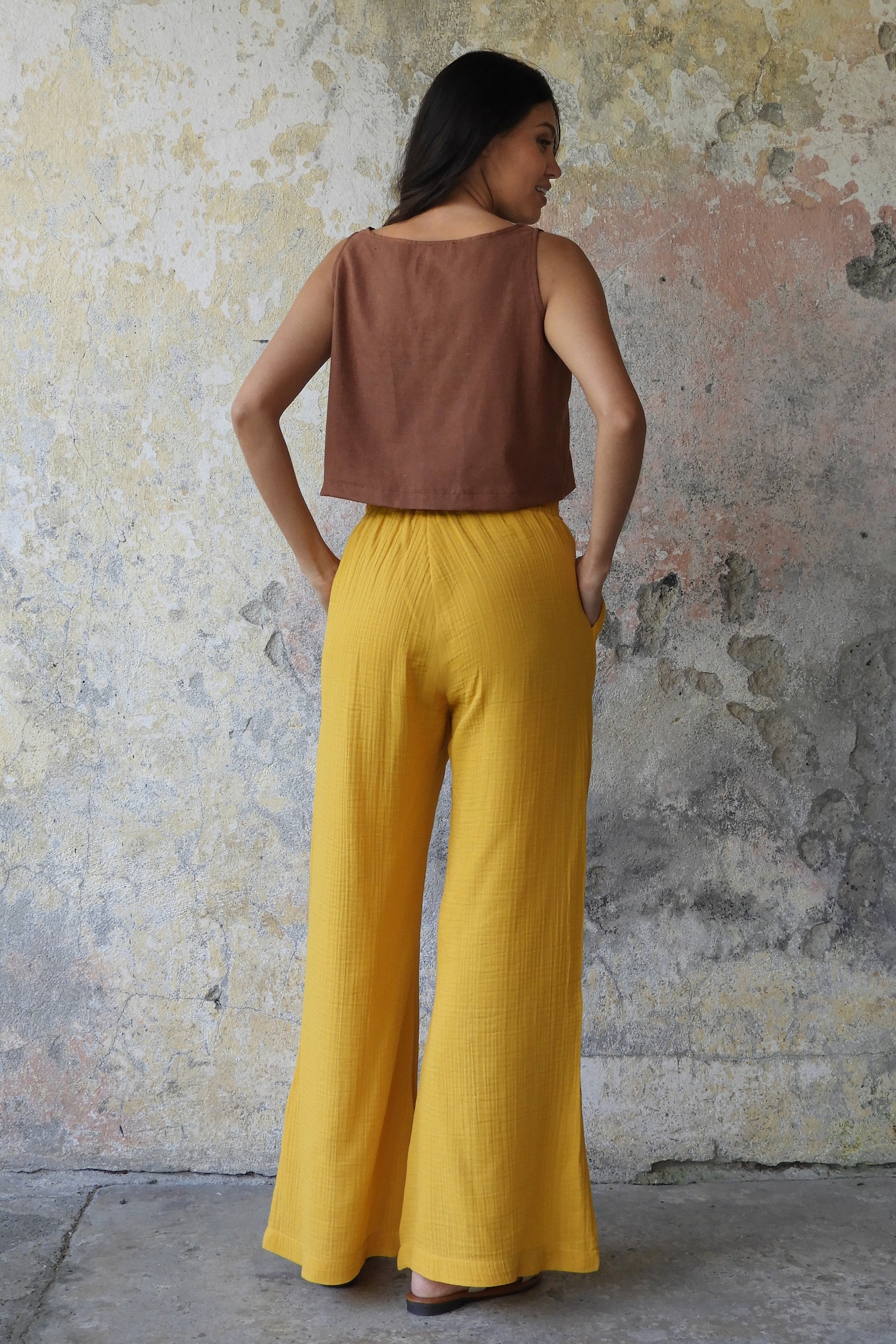 Sustainable  | PALAZZO Women's 2Layer Gauze Cotton Pants (Green, Terra Cotta, Mustard, Brown) by Odana's