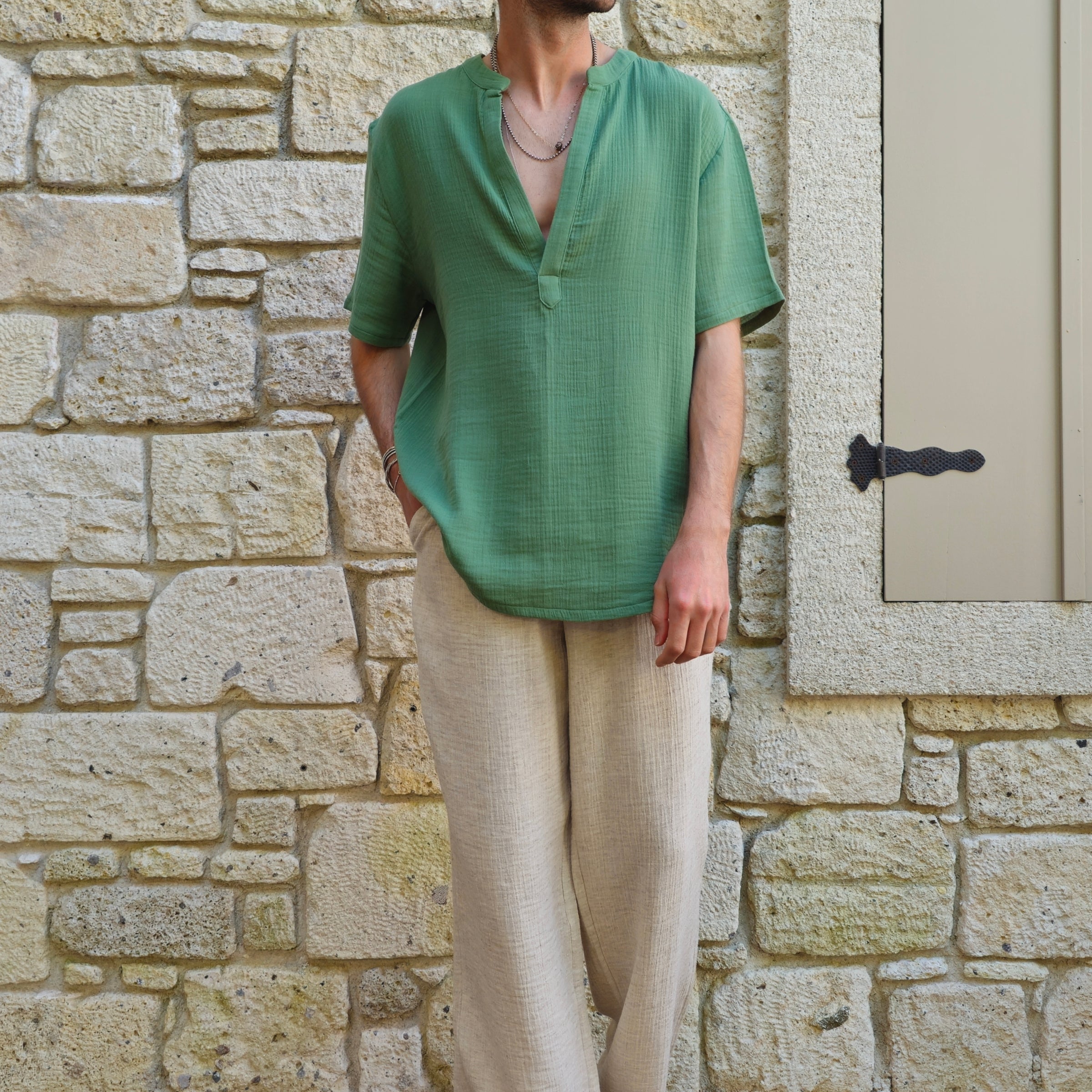 Odana's | Sustainable Gifts | ARCHEUS Organic Cotton Double Gauze Shirt (Green, Black) Green | Shirts | Sustainable Fashion