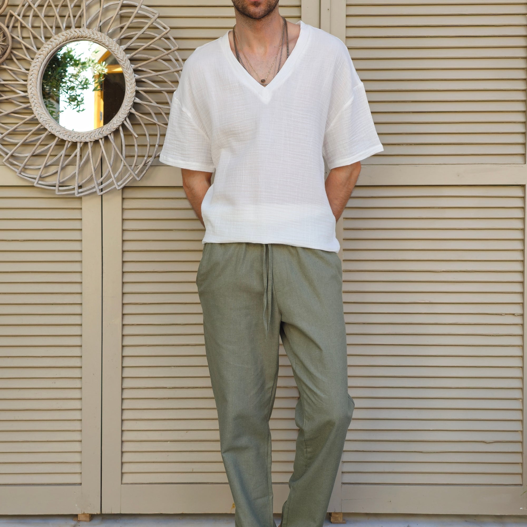 Odana's | Sustainable Gifts | POSEIDON Eco-Friendly Linen & Cotton Blend Drawstring Pants (Windsor Tan, Green Almond) Green Almond | POSEIDON Eco-Friendly Linen & Cotton Blend Drawstring Pants | Sustainable Fashion
