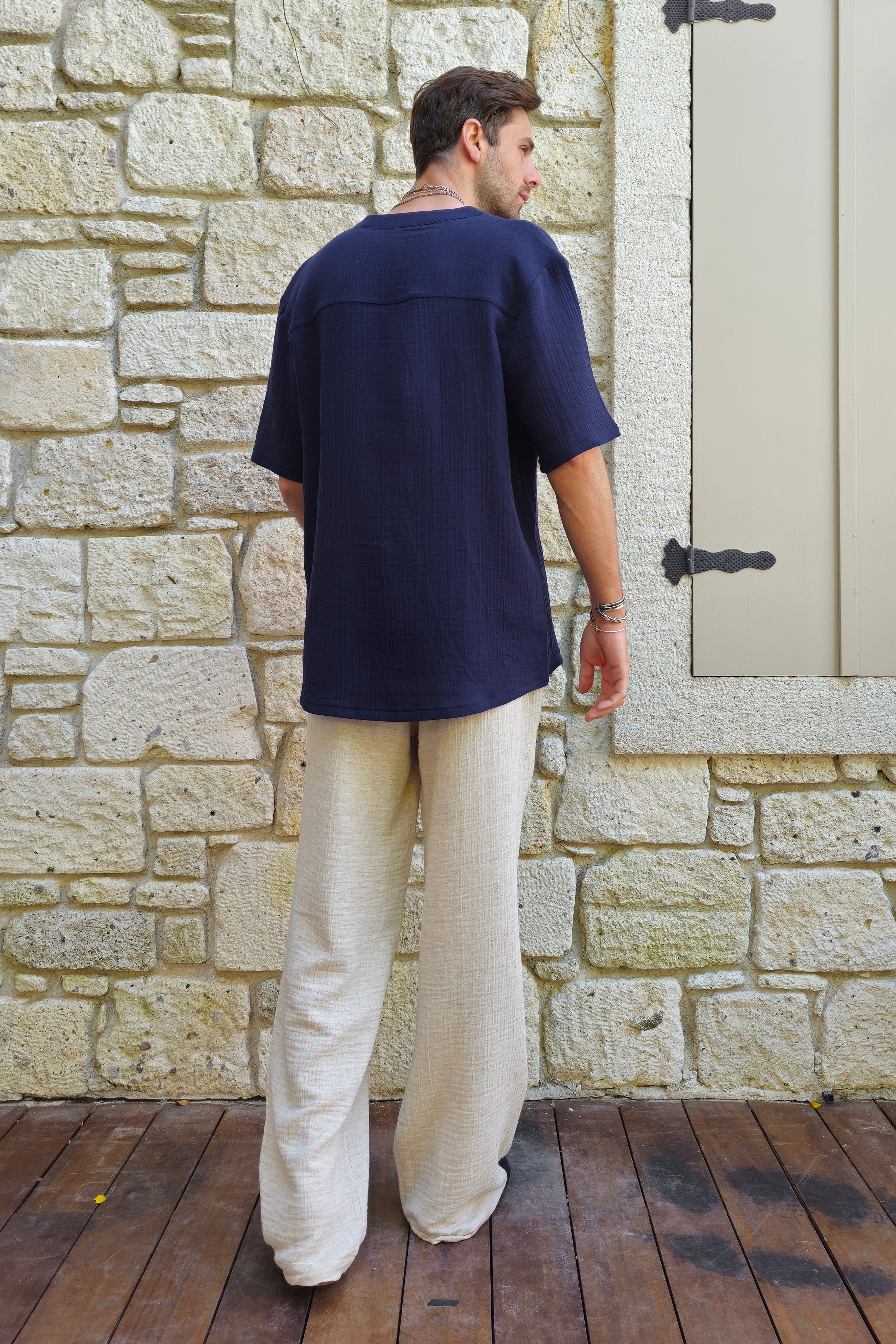 Odana's | Sustainable Gifts | ARCHEUS Organic Cotton Double Gauze Shirt (Dark Blue, Baby Blue) | Shirts | Sustainable Fashion