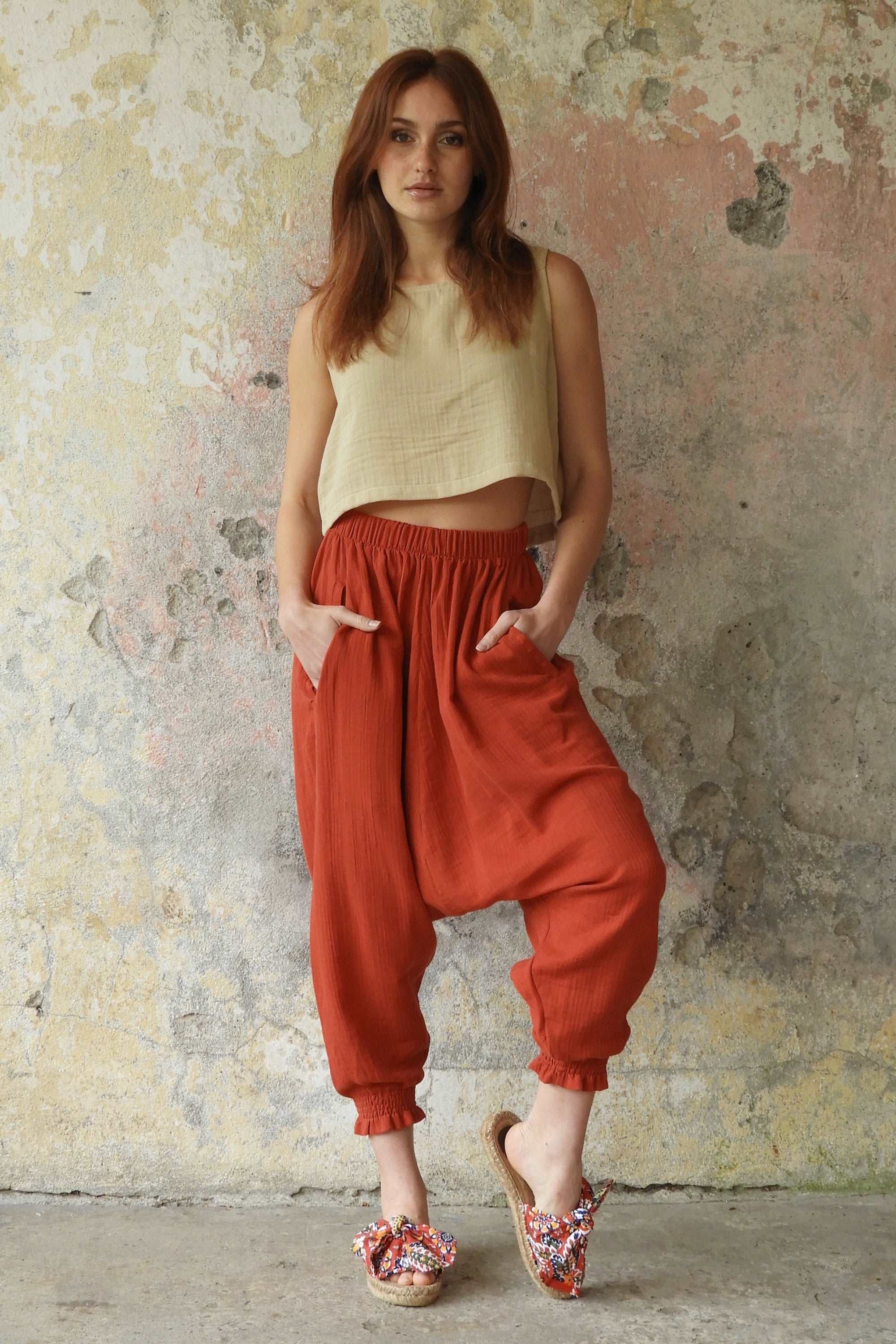 Sustainable  | GAIA Women's Gauze Cotton Harem Pants (Red, Terra Cotta, Caramel) by Odana's